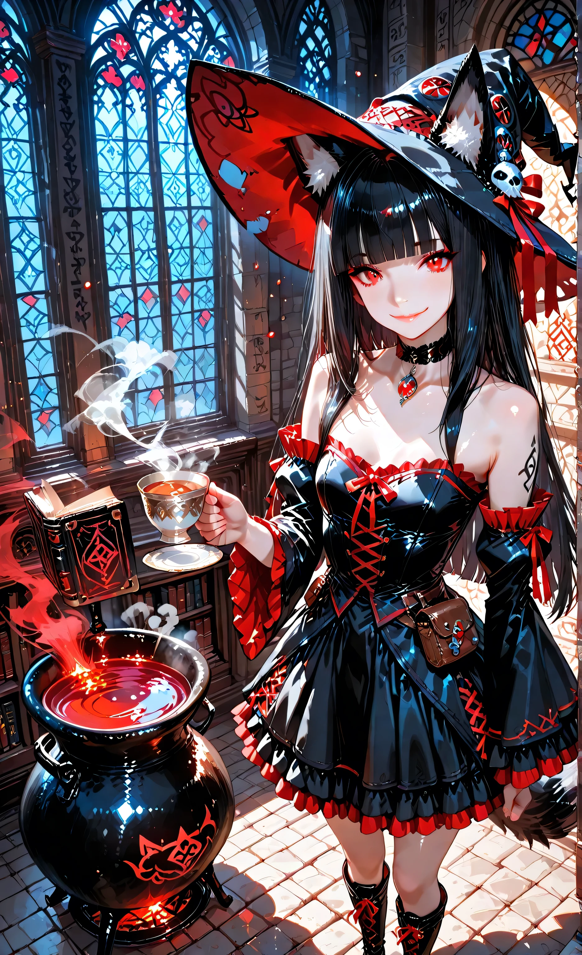 (masterpiece:1.3, 8k:1.3, Highest Quality:1.3, detail:1.3, high resolution:1.3, Digital Painting, ultra detailed), anime witch, from above angle, looking at viewer, <Akakitsune>, fox_ears, red_eyes, long_black_hair, blunt_bangs, (detailed eyes:1.2), (sharp eyes:1.1), soft smile, (smooth skin:1.1), (shiny skin:1.2), gothic lolita witch hat with layered red and black ruffles and small silver bells, black gothic lolita witch dress with red trim, detached sleeves, choker with ruby pendant, thigh-high black boots, standing confidently by ornate window, holding steaming glass teacup, ancient library setting with floating books, magical runes glowing on walls, cauldron bubbling in corner, moonlight streaming through stained glass windows depicting fox deities, magical red particles floating in air