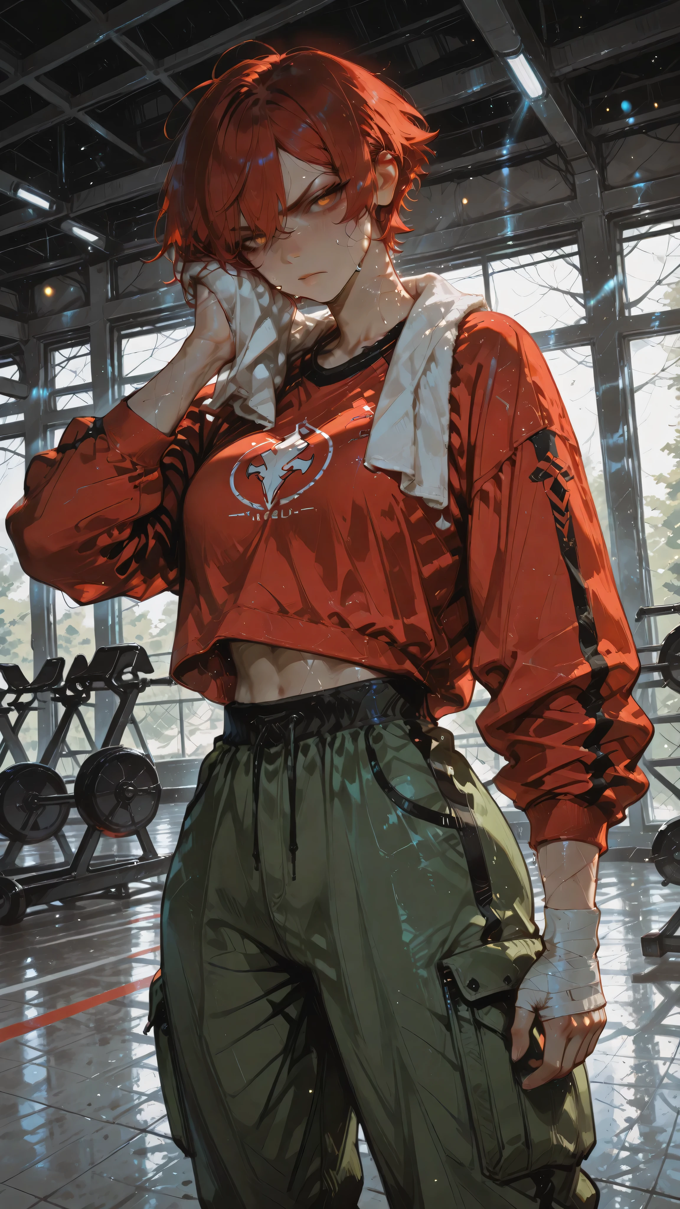 Anime girl character, pixie hair, red hair, amber eyes, Tomboy expression, intimidating half-closed look, slightly angry, scars on the body and face, slightly sweaty, toned body. Wearing a red cropped sports sweatshirt, green cargo pants with black trim ove, bandaged hands. Standing, right hand raised holding the towel around the neck, left hand closed, in a gym, day. Anime illustration, dynamic angle, dramatic perspective, masterpiece, ultra-detailed, dynamic volumetric lighting, bokeh background, cinematic atmosphere, ultra-sharp focus, soft shadows, realistic shading, realistic anime skin texture, realistic anime fabric folds, dark ethereal style, haunting ethereal atmosphere.