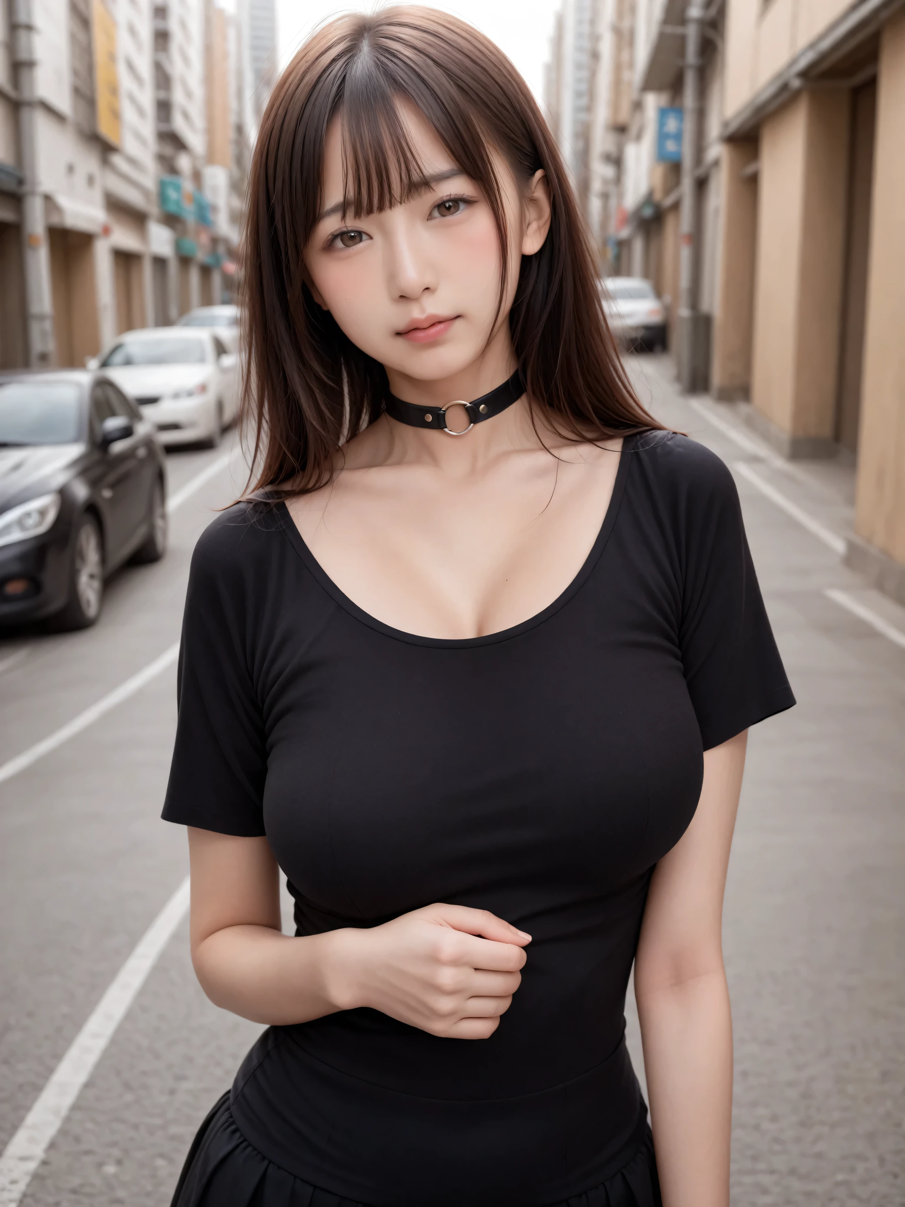 (1 japanese busty female is wearing fitted short sleeve black knit shirt and gray slacks, (black leather choker)), (8K, best quality, highly detailed, masterpiece, ultra-detailed), ((photo realistic)), ray tracing, (ultra high definition face), detailed skin, (standing posture), blush, large breasts, sagging breast, embarrassing girl, realistic skin, city street, Realistic, Detailed, japanese beauty, solo, looking at viewer, brown hair, japanese girl, round face and round eyes, long shot