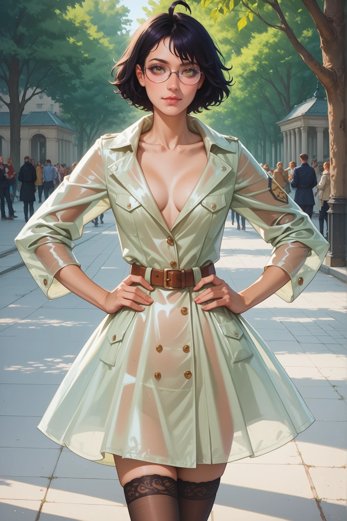 score_9, score_8_up, score_7_up, realistic, solo, sexy, 1girl, mz, short hair, yellow eyes, dark hair, disheveled hair, ahoge, glasses, small breast,slim and fragile girl, long legs, slim waist and hips, angelic beauty, full body shot, hands on hips, zal, spring, park, light beige raincoat with belt, very short raincoat, stiletto heels, stockings, zhenya_es 