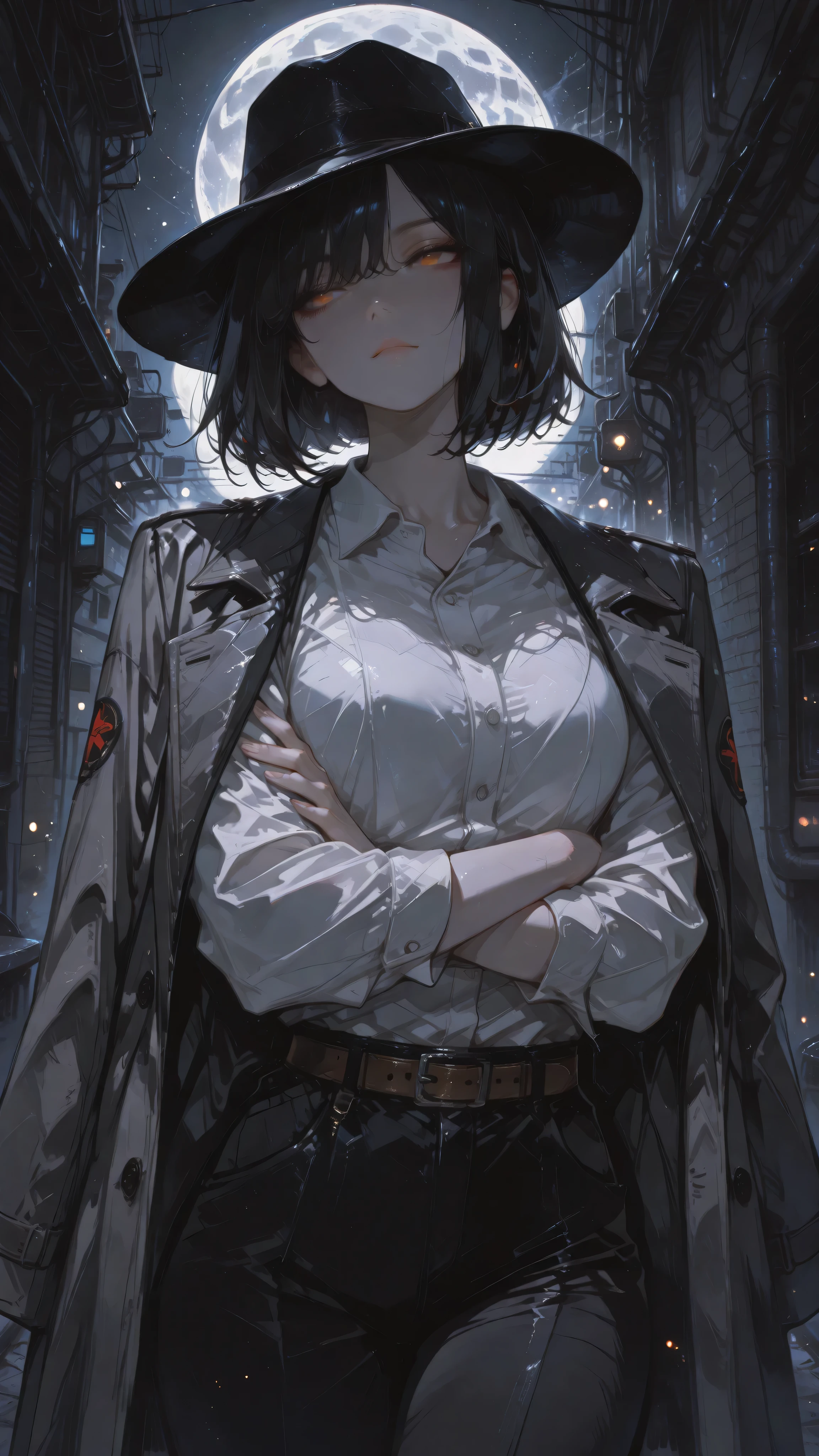 Anime girl character, straight bob hair, black hair, amber eyes, Kuudere expression, half-closed gaze fixed with indifference, relaxed mouth with a trace of an imperceptible, toned body. Wearing a dark gray trench coat, off-white dress shirt, black tailored pants, brown belt, black fedora hat. Standing, arms crossed, in a alley, night, full moon in the background. Anime illustration, dynamic angle, dramatic perspective, masterpiece, ultra-detailed, dynamic volumetric lighting, bokeh background, cinematic atmosphere, ultra-sharp focus, soft shadows, realistic shading, realistic anime skin texture, realistic anime fabric folds, dark ethereal style, haunting ethereal atmosphere.
