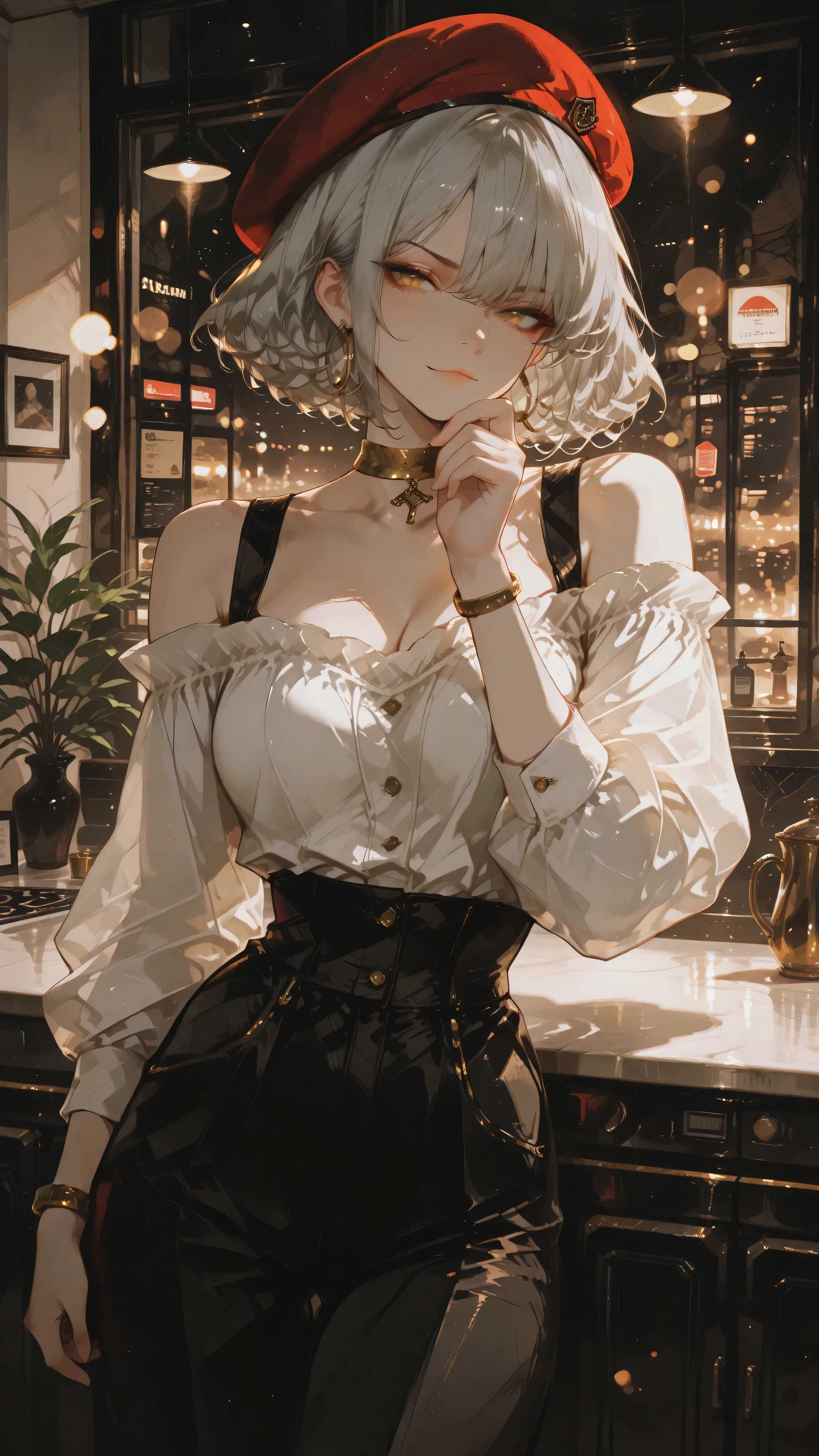 Anime girl character, short curly hair, light gray hair, dark yellow eyes, Himedere expression, haughty look with slightly raised eyebrow, proud mouth with a slight smile of disdain, toned body. Wearing a white puffy, off-the-shoulder, long-sleeved blouse, black high-waisted pant, gold hoop earrings, gold bracelet, golden choker, dark red beret. Standing, leaning against the counter, one hand supporting the chin, luxurious fashion club, night. Anime illustration, dynamic angle, dramatic perspective, masterpiece, ultra-detailed, dynamic volumetric lighting, bokeh background, cinematic atmosphere, ultra-sharp focus, soft shadows, realistic shading, realistic anime skin texture, realistic anime fabric folds, elegant ethereal style, ethereal atmosphere.