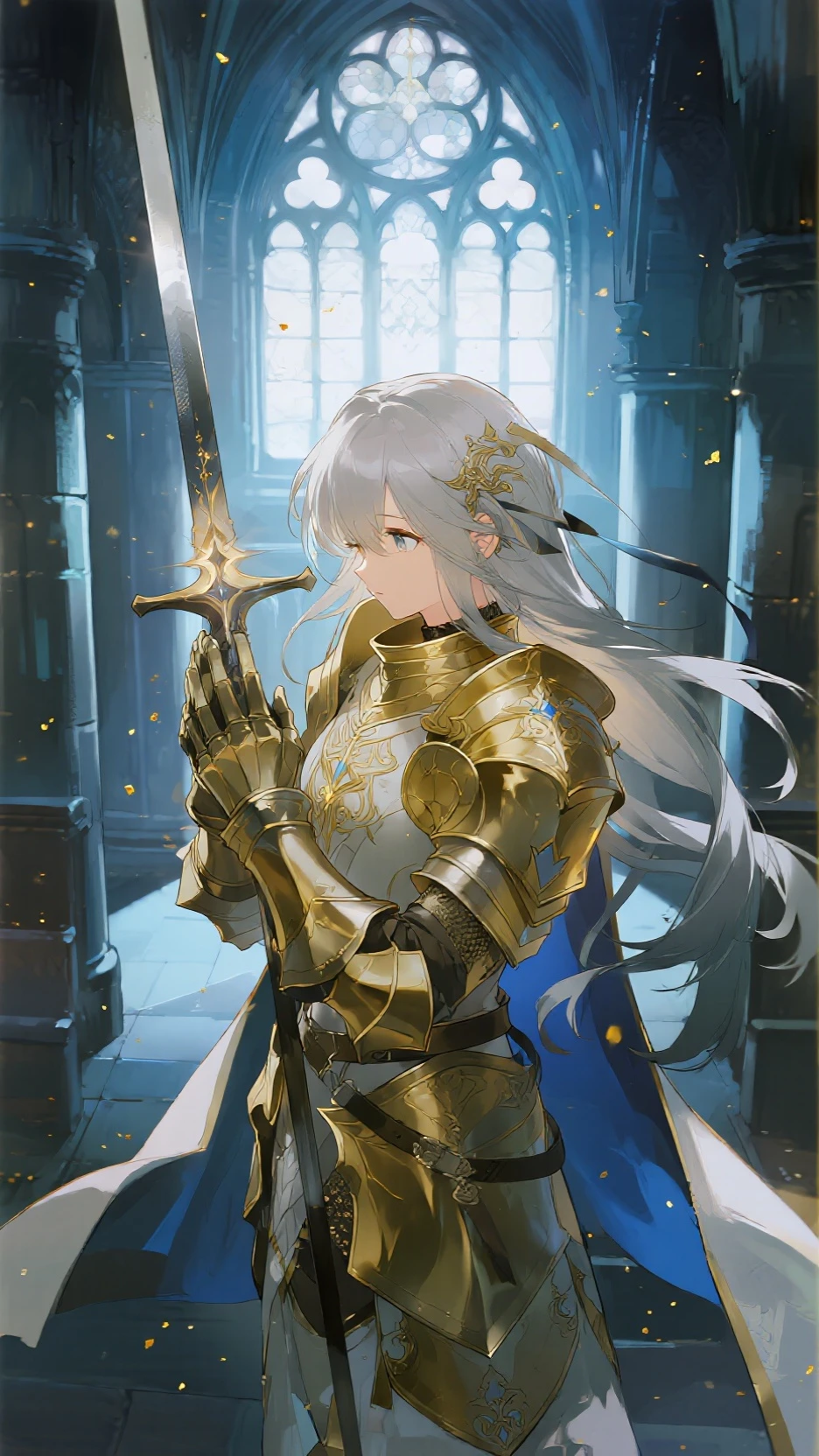 (Long Hair) (Golden Hair) (Silver Armor) (Light background) (Dark blue eyes) (Carry a long sword),beautiful girl,One person,hold a long sword,ponytail