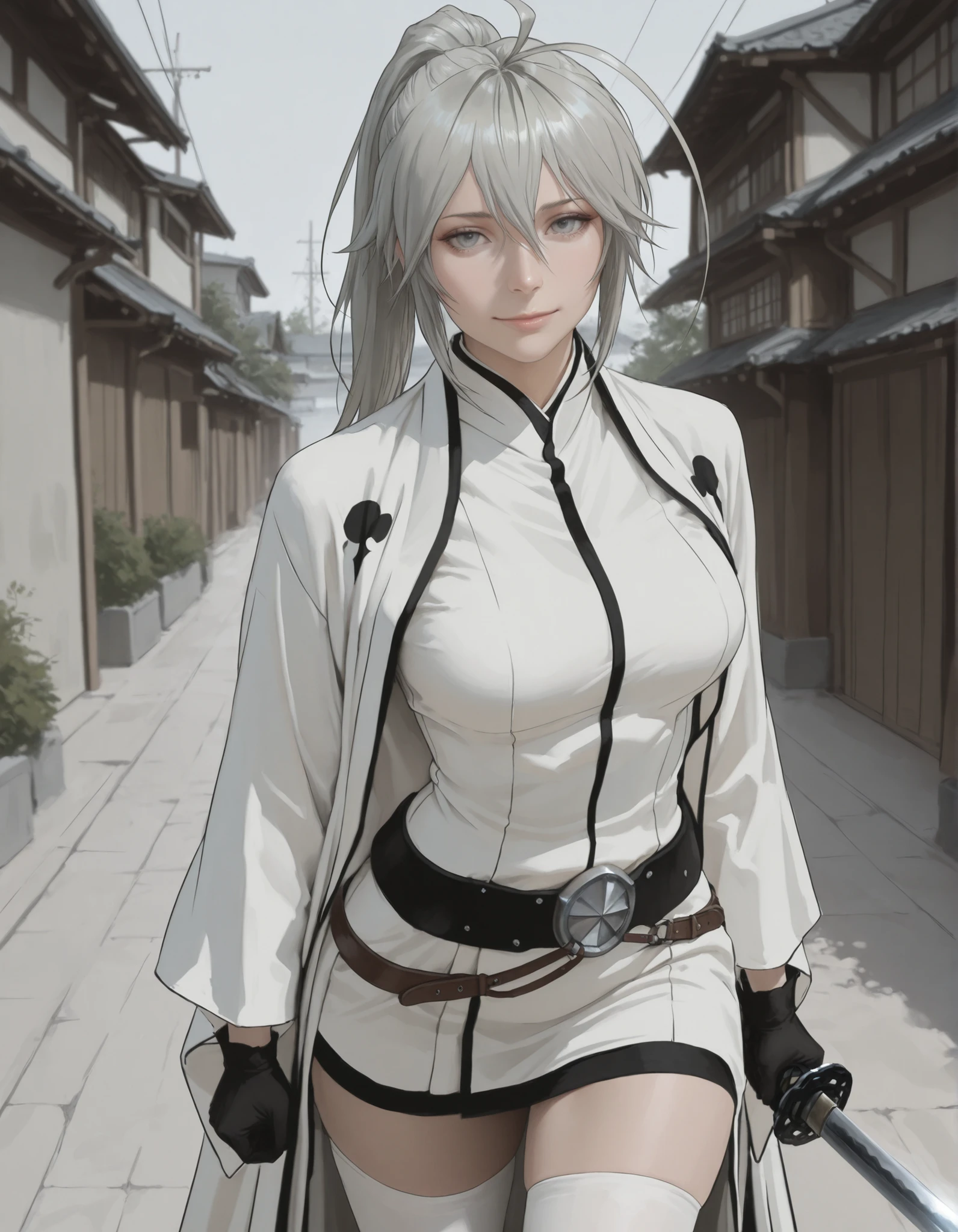 pseudo-realistic, semi-realism, realism, realistic, masterpiece, best quality, amazing quality, absurdres, newest, 1girl, solo, mm, mature female, long hair, ponytail, ahoge, grey hair, grey eyes, breasts, japanese clothes, gloves, white thighhighs, belt, kimono, white haori, holding katana, light smile, outdoors, looking at viewer, Arrancar_outfit