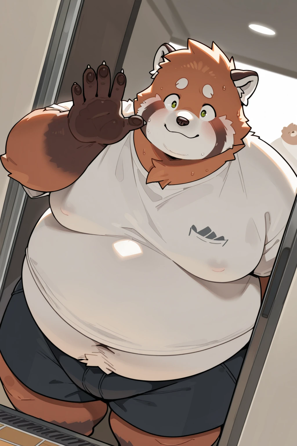 masterpiece, best quality, Perfect anatomical structure, Bright Eyes, Big watery eyes, Provided by RUHU1145, hairy, (Shiba Inu)，Boys, Solitary，blush，Shy，White pants，，(Chubby body)，(Pink )，Sitting on the sofa