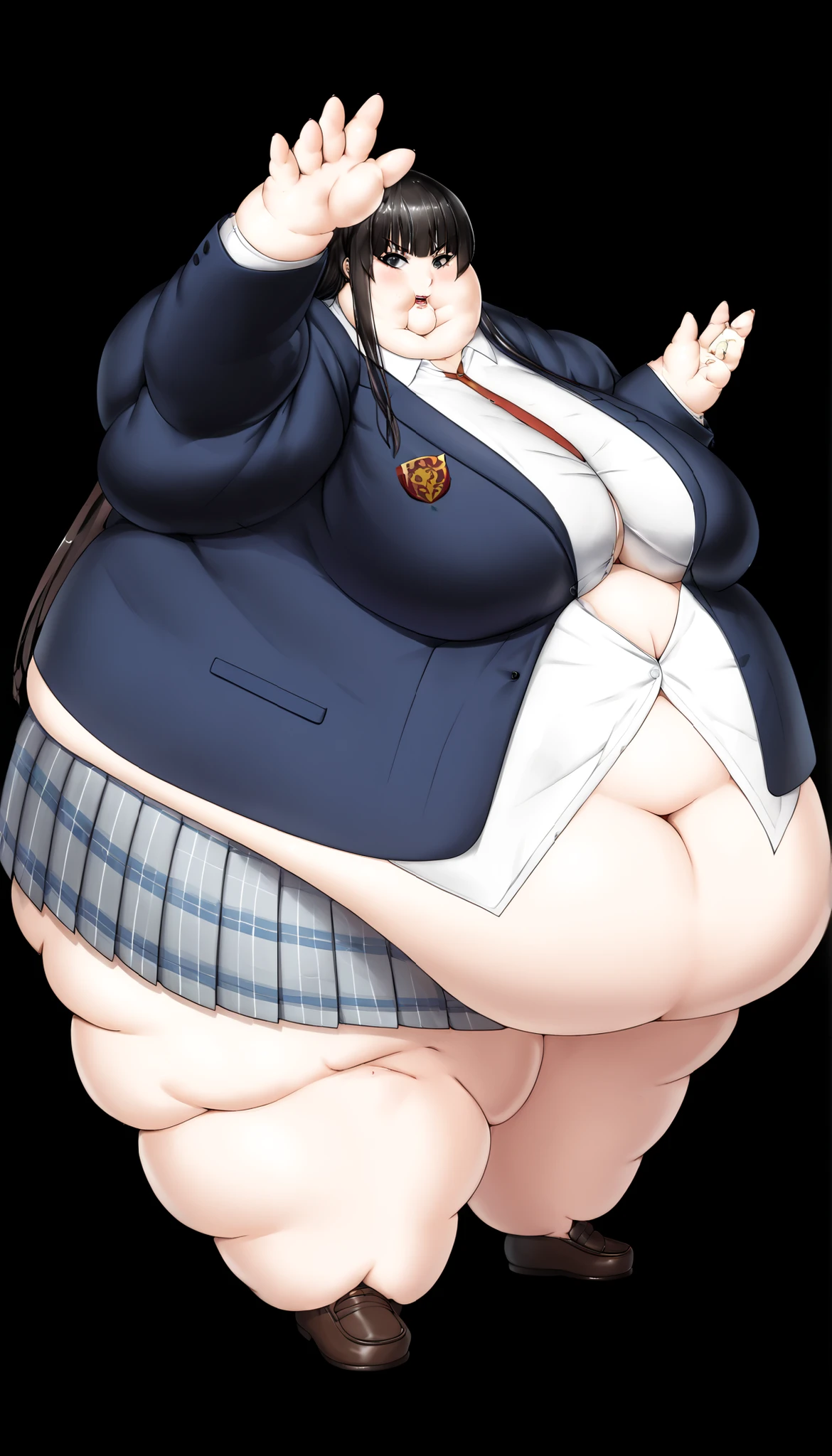 Score 9, Score 8 up, Score 7 up, The evaluation is questionable,
Detailed Background, Glowing Skin, long hair, bangs, black hair, black eyes, Hime cut,
sakuragaoka high school uniform, school uniform, uniform, blazer, shirt, white shirt, collared shirt, skirt, pleated skirt,Big Breasts, in a containment room, quarantine room,anime style,high quality,masterpiece,highly detailed, giant hands, giant feet, fat, chubby, obese, gigantic arms and legs, gigantic breasts, sagging breasts, full body shot, fat face, chubby face, double chins, big lips
