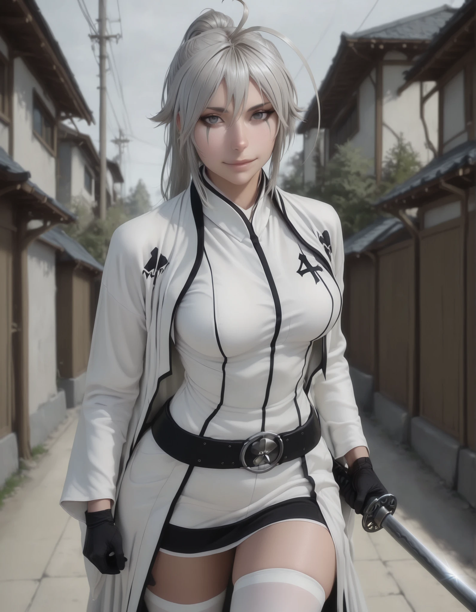 masterpiece, best quality, amazing quality, absurdres, newest, 1girl, solo, mm, mature female, long hair, ponytail, ahoge, grey hair, grey eyes, breasts, japanese clothes, gloves, white thighhighs, belt, kimono, white haori, holding katana, light smile, outdoors, looking at viewer, Arrancar_outfit, pseudo-realistic, semi-realism, realism, realistic