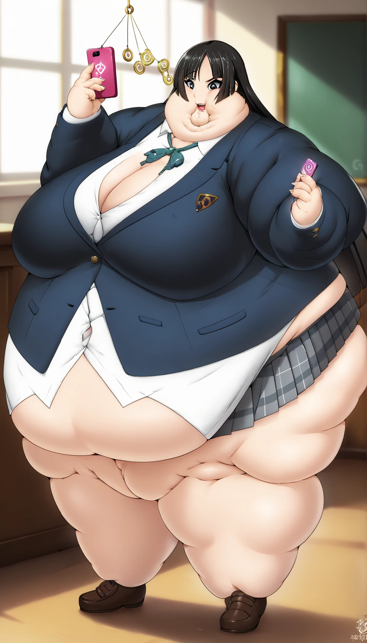 Score 9, Score 8 up, Score 7 up, The evaluation is questionable,
Detailed Background, Glowing Skin,Mio Akiyama, long hair, bangs, black hair, black eyes, Hime cut,
sakuragaoka high school uniform, school uniform, uniform, blazer, shirt, white shirt, collared shirt, skirt, pleated skirt,Big Breasts,hypnosis, man, show smart phone apps to girl, girl under hypnosis, drool, open regs, under wear, best quality, very aesthetic, school uniform, school,school uniform,standing,,large breasts,short of a person,whole body,thin,From before,evening,in the classroom,anime style,high quality,masterpiece,highly detailed, giant hands, giant feet, fat, chubby, obese, gigantic arms and legs, gigantic breasts, sagging breasts, full body shot, fat face, chubby face, double chins, big lips