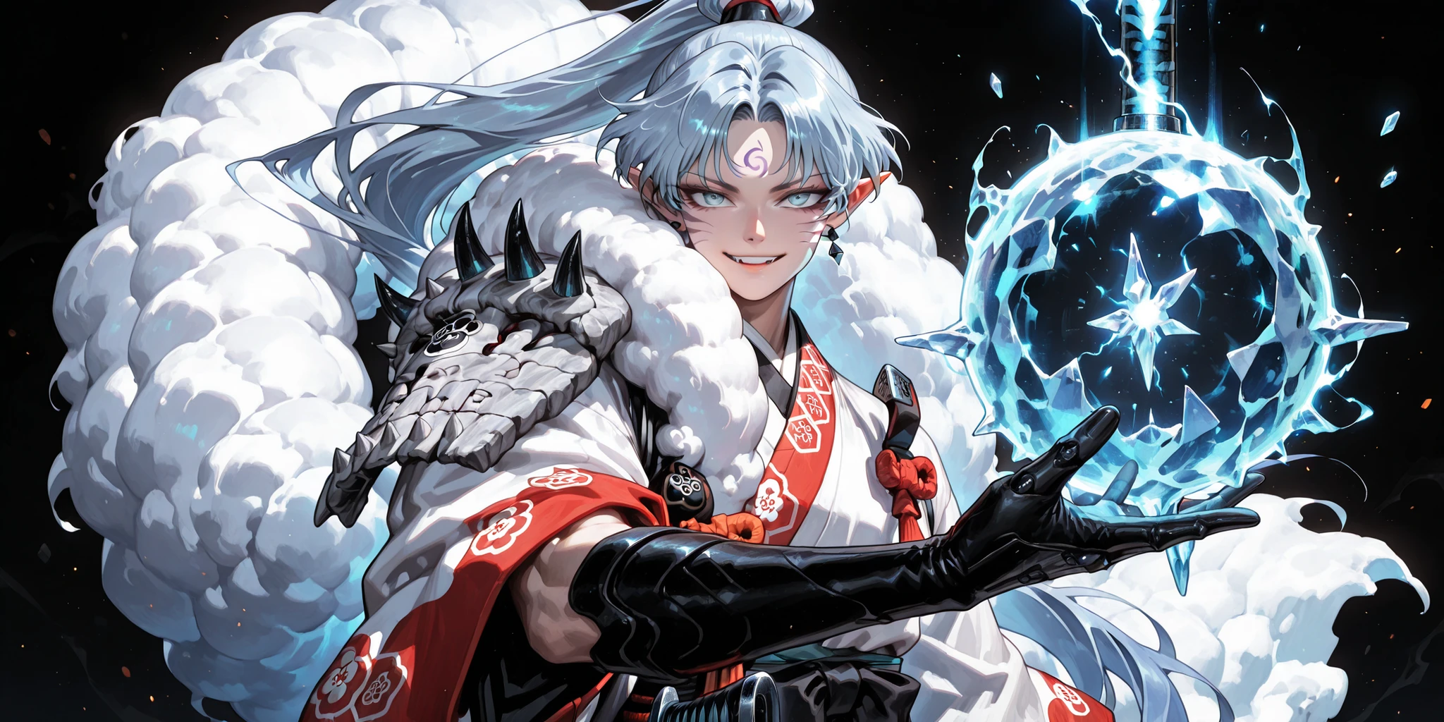 A short, solitary male character, a young teenager, about 1.5 meters tall. He stands alone against a deep black background, making him stand out vividly. His physique, face, and height are exactly like Chung Myung.

He has long, ice-blue hair, styled exactly like Chung Myung's from Return of the Mount Hua Sect, tied back in a long ponytail. His eyes are silver. His expression is provocative and confident, marked by a bold, mocking smile. He has slightly pointed ears. The hair is a slightly bluish ice blue. The hair is a slightly bluish ice blue. The hair is a slightly bluish ice blue.

Outfit:
He wears an ornate white Chinese robe with ice-blue accents. Over his right shoulder hangs a flowing white fur cloak (like Sesshoumaru's), soft and radiant like a divine cloud, which falls almost to the ground along his back. The cloak is held together by gold medals and chains that cross his left shoulder. He has a golden pauldron (with an oni face) on his left shoulder.

Weapon:
In his right hand, he firmly grips a Chinese sword with a silver blade with an ice-blue sheen and black accents, along with three black rings attached to the blade. The sword's guard and hilt are black, and dark energy emanates from the blade.

In his left hand, he holds an ice-blue energy sphere that emanates a frigid aura.

Pose and Atmosphere:
He assumes a bold, dynamic battle stance, facing the viewer directly with a playful yet arrogant look. In his left hand, he holds an ice-blue energy sphere that emanates a frigid aura.

Atmosphere and Style:
Male character, youthful energy.
Ultra-detailed, sharp, clean anime style. Deep black background with cinematic lighting accentuating his short stature and powerful aura. Golden jeweled earrings glimmer in the light.

The character is a boy.