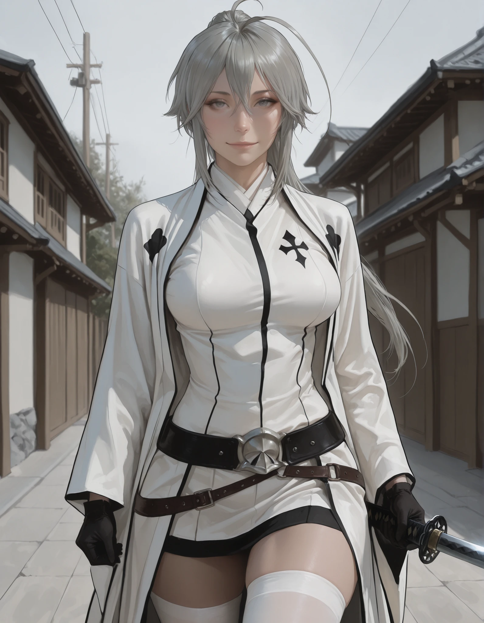pseudo-realistic, semi-realism, realism, realistic, masterpiece, best quality, amazing quality, absurdres, newest, 1girl, solo, mm, mature female, long hair, ponytail, ahoge, grey hair, grey eyes, breasts, japanese clothes, gloves, white thighhighs, belt, kimono, white haori, holding katana, light smile, outdoors, looking at viewer, Arrancar_outfit