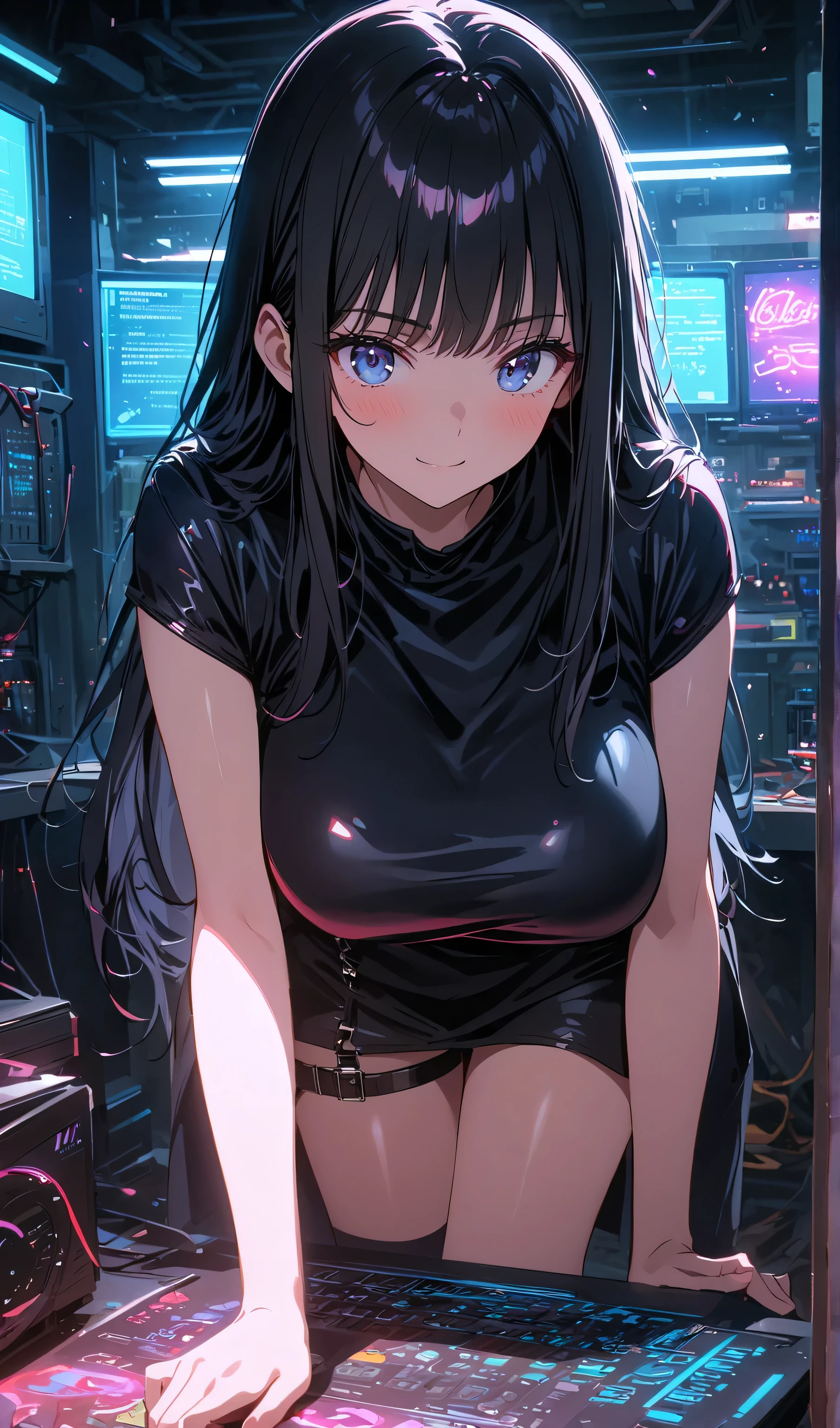 ((best quality)), ((masterpiece)), (detailed), perfect face very beautiful Asian, detailed face, dark blue hair,  dark eyeliner, pink blush, closed lips, big bust, tight cropped top, shiny skin, facing at viewer, standing atop skyscraper, cyberpunk post-apocalyptic theme, night, stars, moon