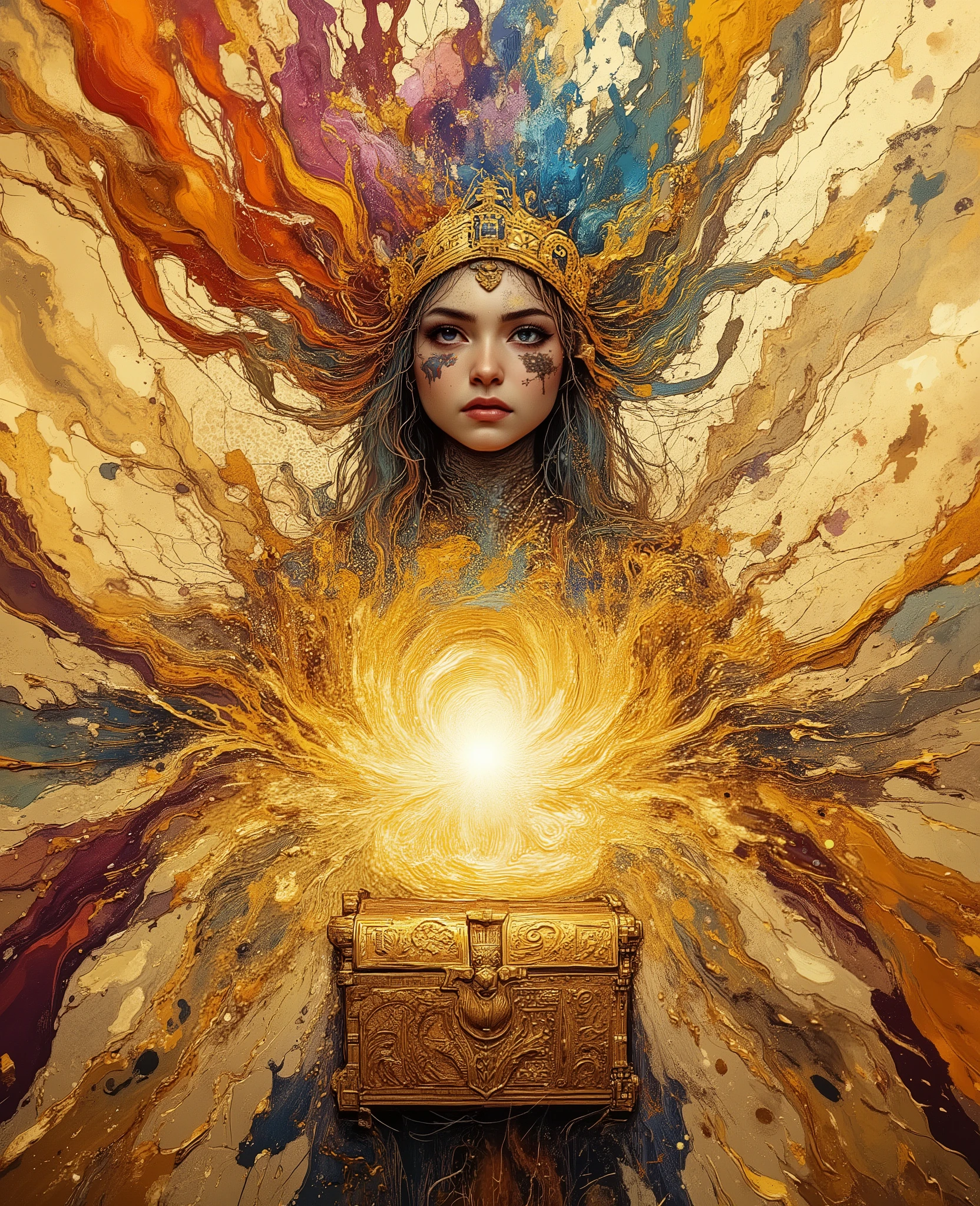 splashart, majestic portrayal of Pandora opening a gold chest letting all the evils of the world in swirling colors, Well detailed hourglass figure((abstract background)), piercingeyes, epic instagram, art stations, Color paint splash style+, contour lines, hyperdetailed intricately detailed, Unreal Engine, magnifica, intricate detailes, splash screen, Complementary color scheme, Realistic concept art, 8K分辨率, Masterpiece of deviance, an oil painting, heavy brushstrokes, Ink Drop, Splash gear