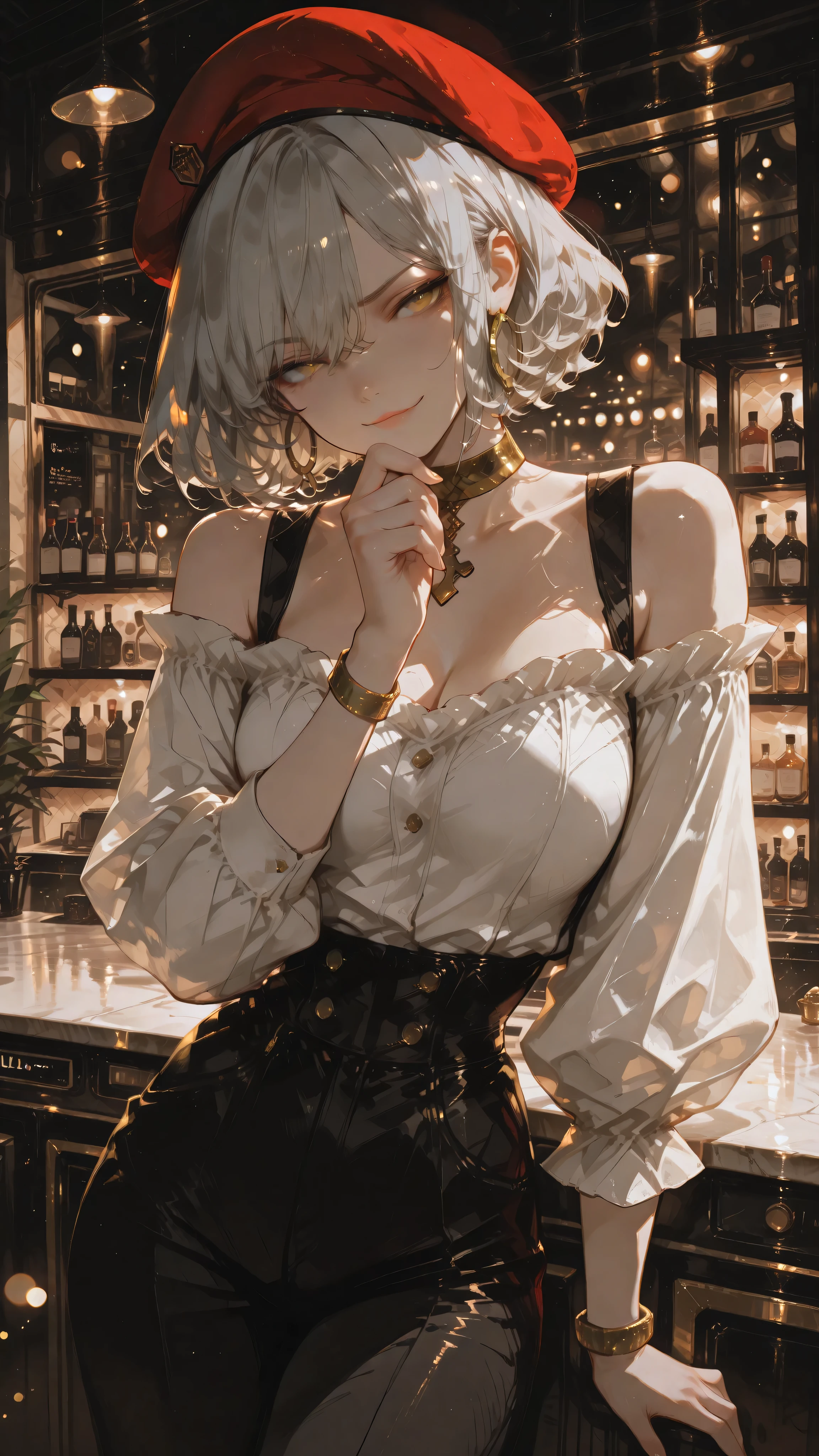 Anime girl character, short curly hair, light gray hair, dark yellow eyes, Himedere expression, haughty look with slightly raised eyebrow, little smile of disdain, toned body. Wearing a white puffy, off-the-shoulder, long-sleeved blouse, black high-waisted pant, gold hoop earrings, gold bracelet, golden choker, dark red beret. Standing, leaning against the counter, one hand supporting the chin, luxurious fashion club, night. Anime illustration, dynamic angle, dramatic perspective, masterpiece, ultra-detailed, dynamic volumetric lighting, bokeh background, cinematic atmosphere, ultra-sharp focus, soft shadows, realistic shading, realistic anime skin texture, realistic anime fabric folds, ethereal style, ethereal atmosphere.