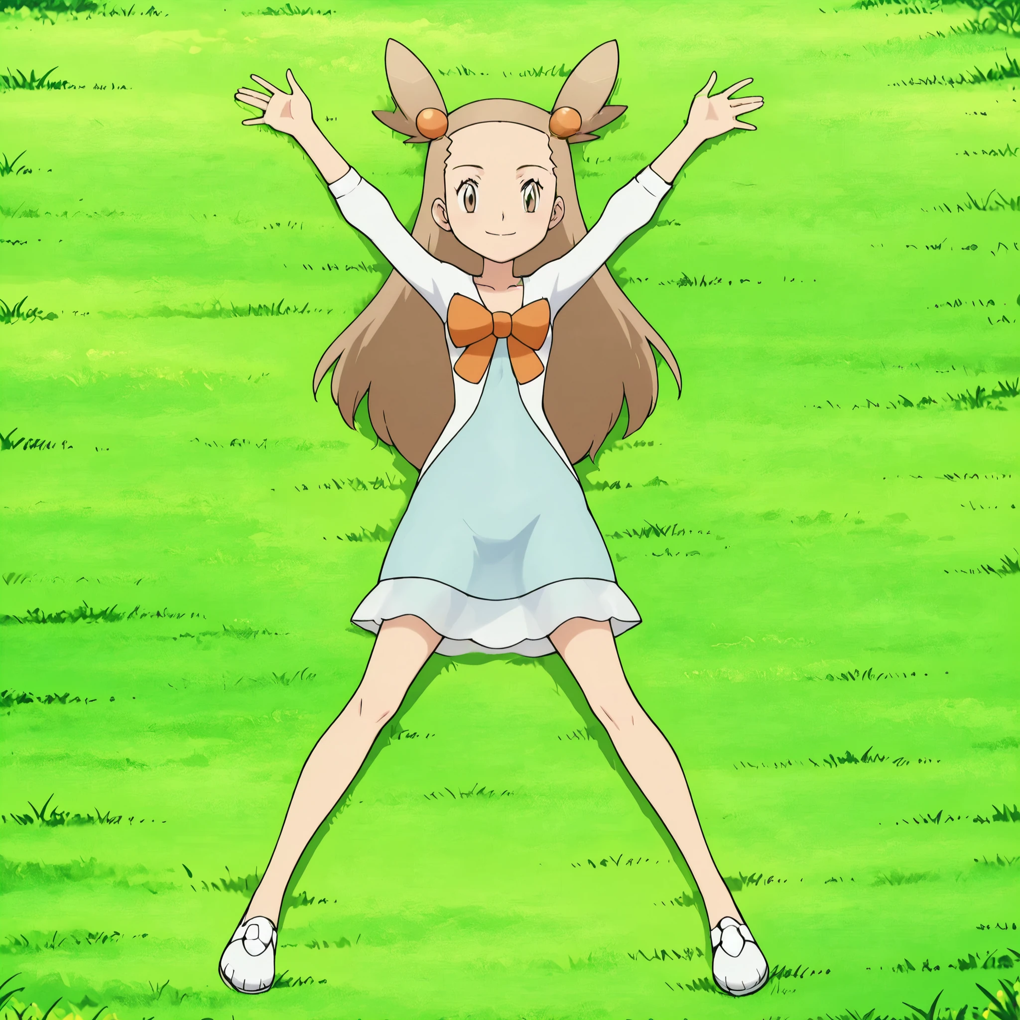 zzJasmine, brown eyes, hair bobbles, hair ornament, light brown hair, two side up, long hair, forehead,  white cardigan, green dress, orange bow, sleeves past elbows, anime screencap, high quality, solo, lying, on back, arms up, spread legs, closed mouth, grass, full body, looking at viewer, overhead view, smile, best quality,