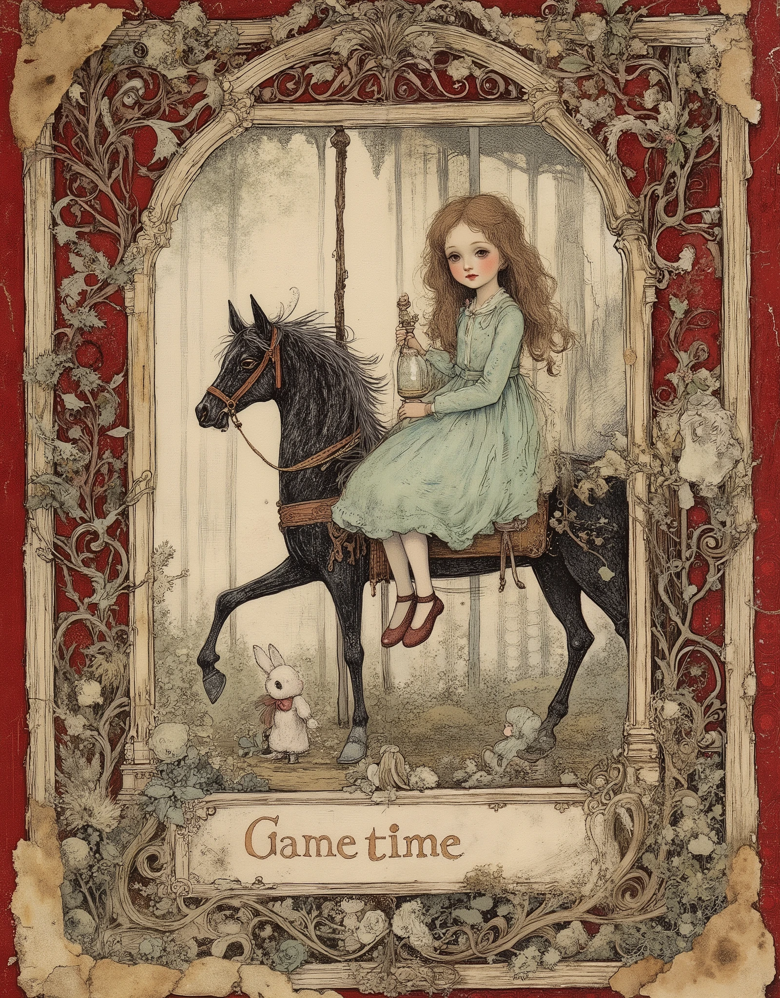 An old, battered vintage postcard with an image in the style of "Alice's Adventures in Wonderland". At the bottom, in the center, there is an inscription "Game time", made in a classic vintage style. A vintage doll sits on an ornate horse-drawn carousel. She has light brown hair cascading down her back, a simple light turquoise dress and dark red shoes. She holds a small glass bottle in her hands. There's a little rabbit sitting next to her. The carousel is dark red in color with intricate wooden trim. Vintage-style character card with intricate rounded edges, ornate frame and patterns surrounding the doll. The background is dark red, with patterned swirls and a worn texture that creates a vintage feel. The frame is made in a red and white cage. The overall composition is vertical. The illustrations are made in the Victorian style with a slight touch of Gothic and psychedelic. The mood is whimsical, nostalgic and slightly mysterious. The detailed portrayal of the characters and the setting highlights the style of the Victorian era. Muted vintage colors are used. Focus on the doll and the antique carousel. The holly bush element adds a touch of Christmas and celebration.A stylized digital image that conveys the aesthetics of an old, worn-out thing made of cardboard with open typography.Scuffs, scratches, sepia, torn edges, stains. High degree of stylization and detail