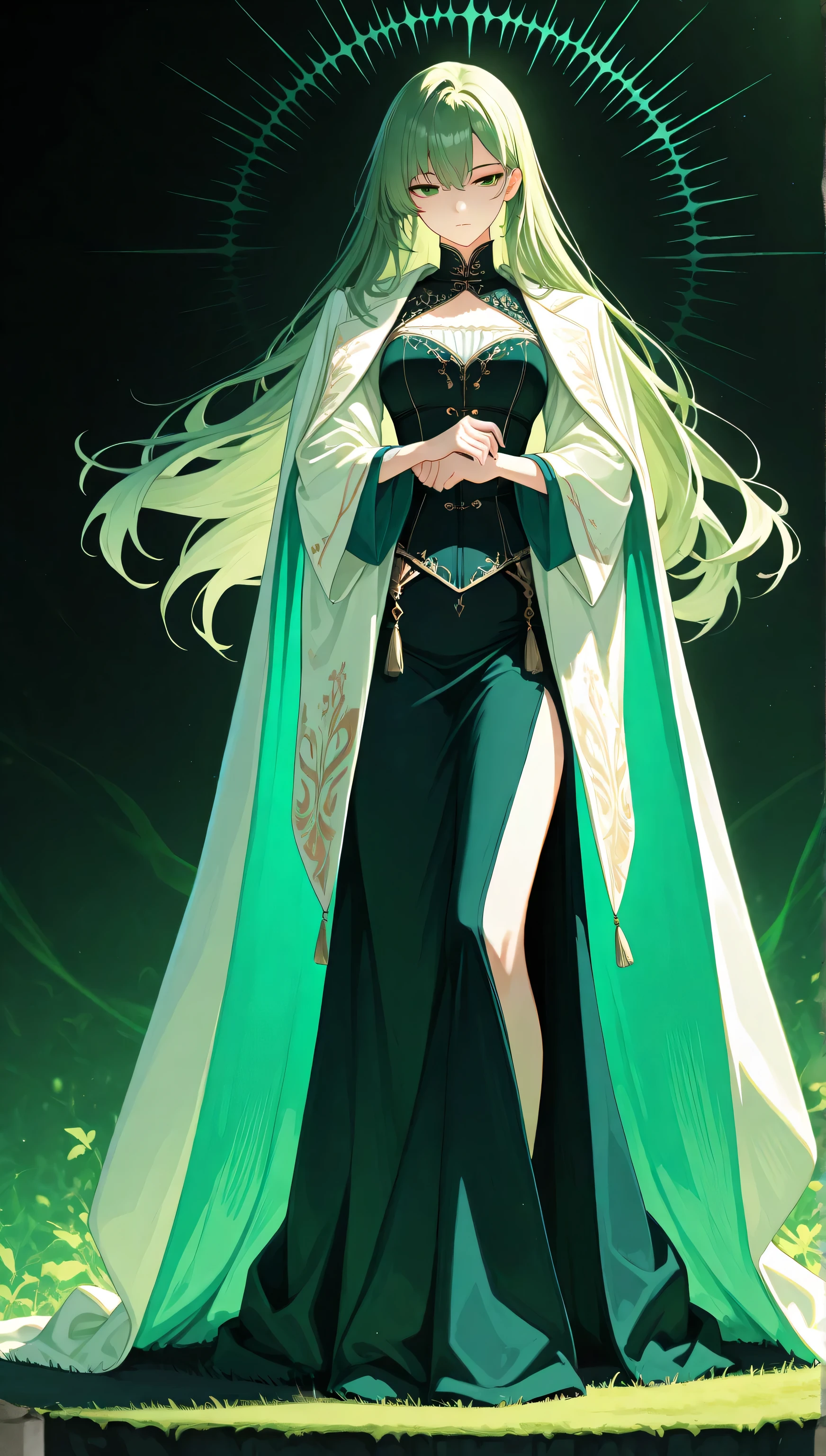 a detailed anime-style character , human, standing , full body , front view ,high quality, detailed eyes,intricate details, arms crossed ,green,soft lighting, sharp focus, 8k, anime character, vibrant colours , delicate features,detailed eyes, contemplative pose , head slightly turned,She wears a fitted,bodice with intricate vertical paneling, flowing into a dramatic, high-slit skirt that fades from deep to light at bottom. A long, ethereal, light cape with wide sleeves drapes over the shoulders, . The overall design emphasizes sharp angles, a high collar,. Perfectly framed , nothing cropped out , fully visible , ( nothing cropped out :1.4)