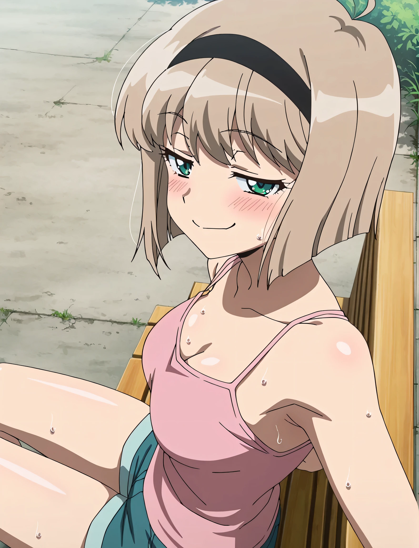 masterpiece, best quality, amazing quality, anime screencap, anime coloring, 1girl, solo, Miki H25, light brown hair, short hair,bangs, green eyes, black hairband, medium breast, slim waist, pink tank top, spaghetti straps, skindentation, (sweaty:0.7), armpit, armpit focus, head towards viewer, looking at viewer, evil smile, blush, smug, half-closed eyes, closed mouth, outdoors, day, from side, from above, sitting on a bench, short shorts