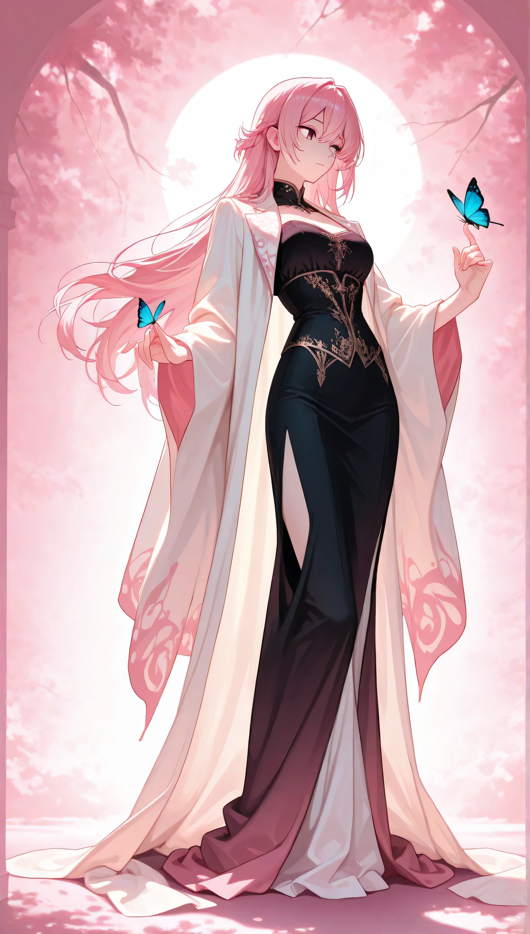a detailed anime-style character , human, standing , full body , front view ,high quality, detailed eyes,intricate details, touching butterfly on finger,pink,soft lighting, sharp focus, semi real,8k, anime character, vibrant colours , delicate features,detailed eyes, contemplative pose , head slightly turned,She wears a fitted,bodice with intricate vertical paneling, flowing into a dramatic, high-slit skirt that fades from deep to light at bottom. A long, ethereal, light cape with wide sleeves drapes over the shoulders, . The overall design emphasizes sharp angles, a high collar,. Perfectly framed , nothing cropped out , fully visible , ( nothing cropped out :1.4)