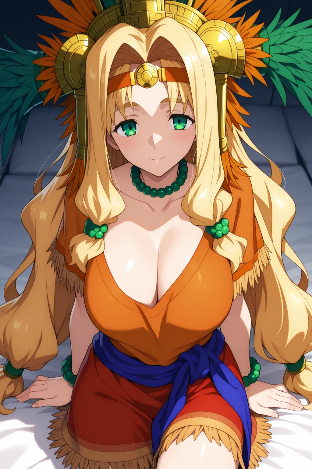 score_9,score_8_up,score_7_up,score_6_up , source_anime,quetzalcoatlDEF, MainfFit, red crop top, fringe trim, chin green gem, strapless, sleeveless, fringed clothing, 1girl, , blonde hair, long hair, tongue out, green eyes, hair ornament, blush, white background, smile, looking at viewer, simple background, :q,  face, licking lips,  peek ,upper body, one  out, one , clothes pull, flashing, <lora:QuetzalcoatlFate-Xl-V7:1>