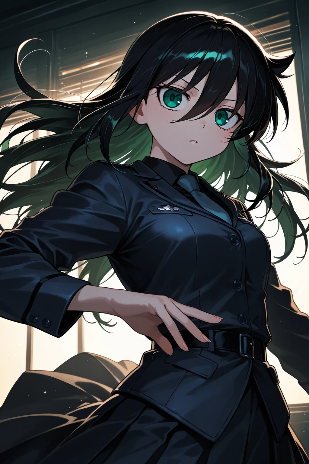 she has a wiry and bent hair curl she wearing dark pants, a green short sleeved collared shirt, and dark gloves  SPARKLE; GLITTER