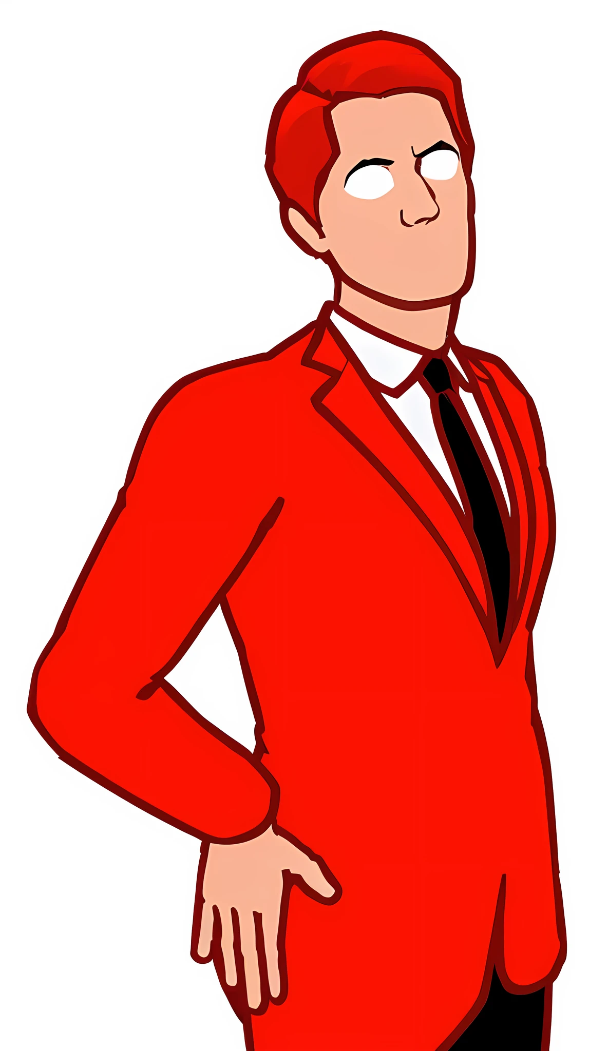 A red-haired white man, wearing a red Eddie-Red suit