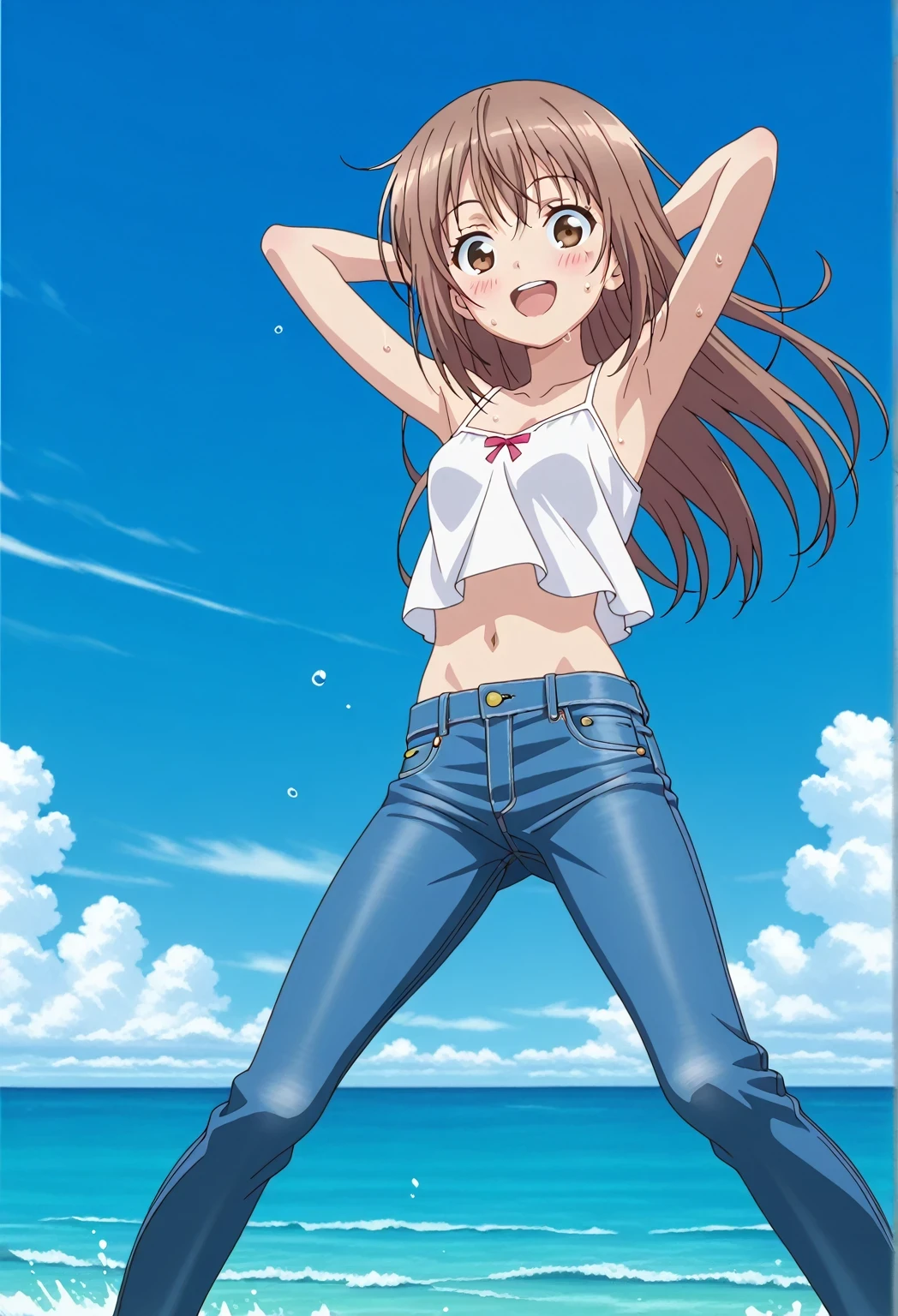 score_9, score_8_up, score_7_up, source_anime, highres, hi res, ((best quality, top quality, perfect quality, Highest Quality, amazing quality)), {{masterpiece}}, {{an extremely delicate and beautiful}}, 2d, intricate details, official style, anime, 8k, anime style, official_anime, official art, digital painting, cell shading, soft shading, high resolution, soothing tones, Subdued Color, Soft cinematic light, adobe lightroom, photolab, HDR, intricately and hyper-detailed, ((high quality animation)), 1 girl, Alone, solo, ((ocean)), tsunami, on the water, day, sunny, outdoors, sky, windy, sally, long hair, brown hair, brown eyes, anime screencap, small breasts, white camisole top, crop top, white crop top, best quality, hyper-detailed jeans, ((blue jeans:1.9)), (dark blue jeans:0.6), full medium body, medium shot, Open mouth, smiling, happy face, blush, sweat, standing, ((arms behind head:6.0)), bowlegged, jumping pose, action, looking at viewer, spread legs, Bend knees slightly, straight-on front view