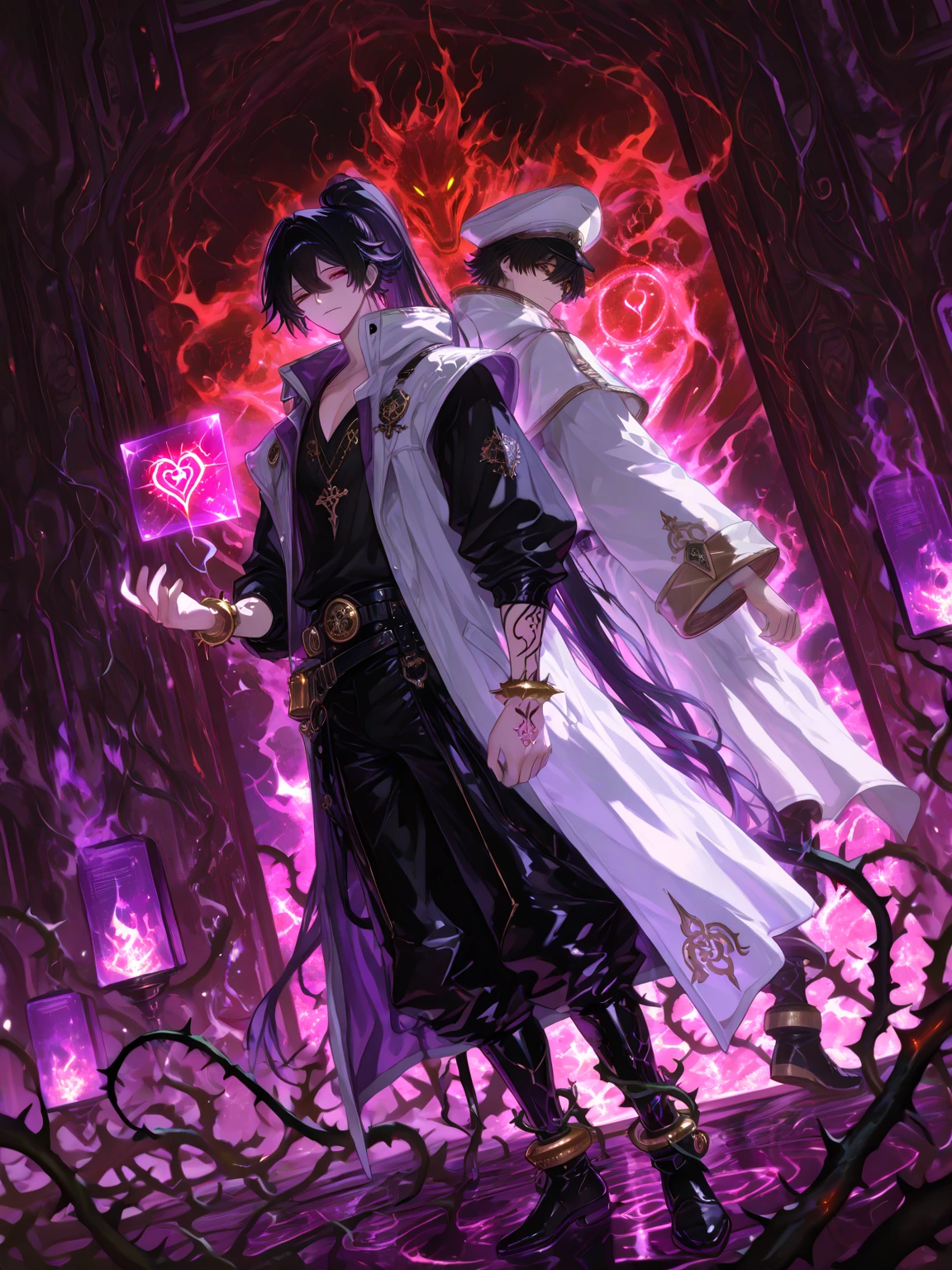 male with bones, looking away from camera, skulls, bones, handsome, black, dark skin, tall, broad shoulders, black hair, purple, purple fire, magic, detailed face, fantasy, hoodie
