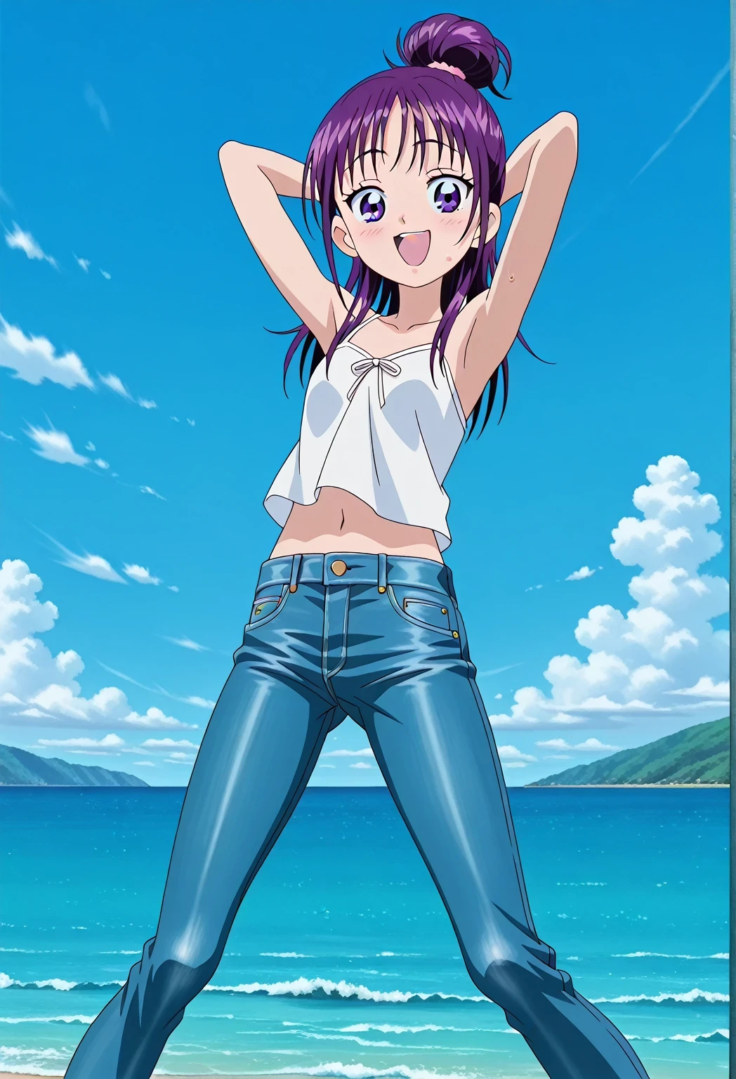 score_9, score_8_up, score_7_up, source_anime, highres, hi res, ((best quality, top quality, perfect quality, Highest Quality, amazing quality)), {{masterpiece}}, {{an extremely delicate and beautiful}}, 2d, intricate details, official style, anime, 8k, anime style, official_anime, official art, digital painting, cell shading, soft shading, high resolution, soothing tones, Subdued Color, Soft cinematic light, adobe lightroom, photolab, HDR, intricately and hyper-detailed, ((high quality animation)), 1 girl, Alone, solo, ((ocean)), tsunami, on the water, day, sunny, outdoors, sky, windy, Mai, purple_eyes, purple hair, long_hair, hair bun, anime screencap, small breasts, white camisole top, crop top, white crop top, best quality, hyper-detailed jeans, ((blue jeans:1.9)), (dark blue jeans:0.6), full medium body, medium shot, Open mouth, smiling, happy face, blush, sweat, standing, ((arms behind head:6.0)), bowlegged, jumping pose, action, looking at viewer, spread legs, Bend knees slightly, straight-on front view