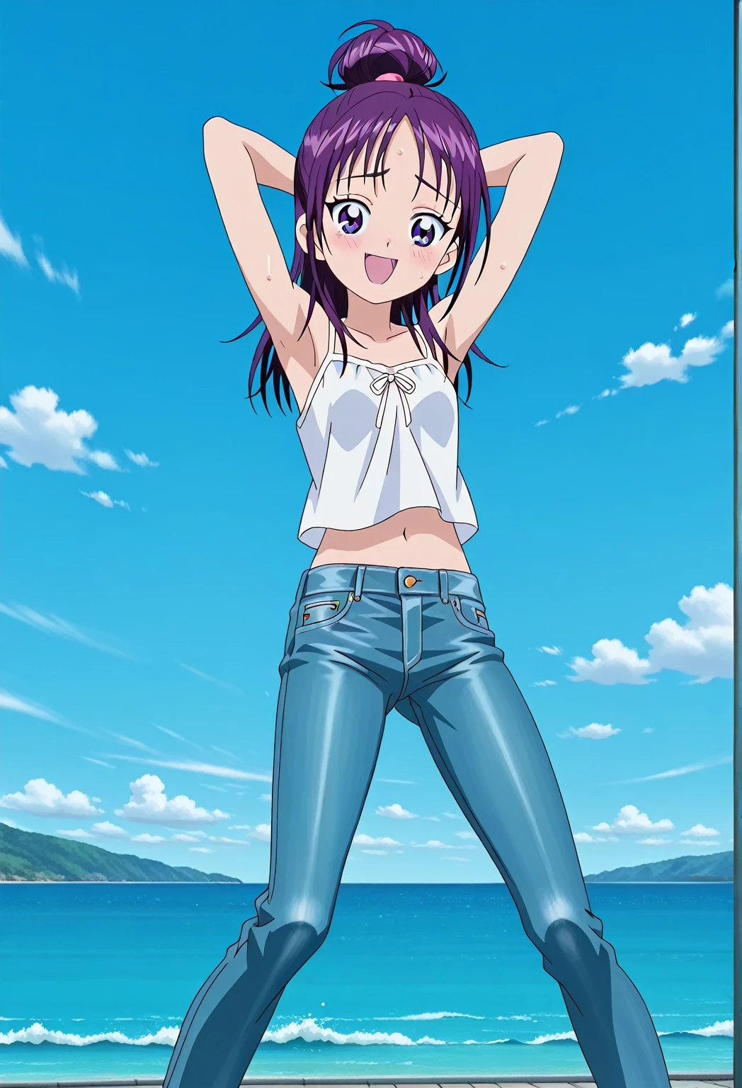 score_9, score_8_up, score_7_up, source_anime, highres, hi res, ((best quality, top quality, perfect quality, Highest Quality, amazing quality)), {{masterpiece}}, {{an extremely delicate and beautiful}}, 2d, intricate details, official style, anime, 8k, anime style, official_anime, official art, digital painting, cell shading, soft shading, high resolution, soothing tones, Subdued Color, Soft cinematic light, adobe lightroom, photolab, HDR, intricately and hyper-detailed, ((high quality animation)), 1 girl, Alone, solo, ((ocean)), tsunami, on the water, day, sunny, outdoors, sky, windy, Mai, purple_eyes, purple hair, long_hair, hair bun, anime screencap, small breasts, white camisole top, crop top, white crop top, best quality, hyper-detailed jeans, ((blue jeans:1.9)), (dark blue jeans:0.6), full medium body, medium shot, Open mouth, smiling, happy face, blush, sweat, standing, ((arms behind head:6.0)), bowlegged, jumping pose, action, looking at viewer, spread legs, Bend knees slightly, straight-on front view