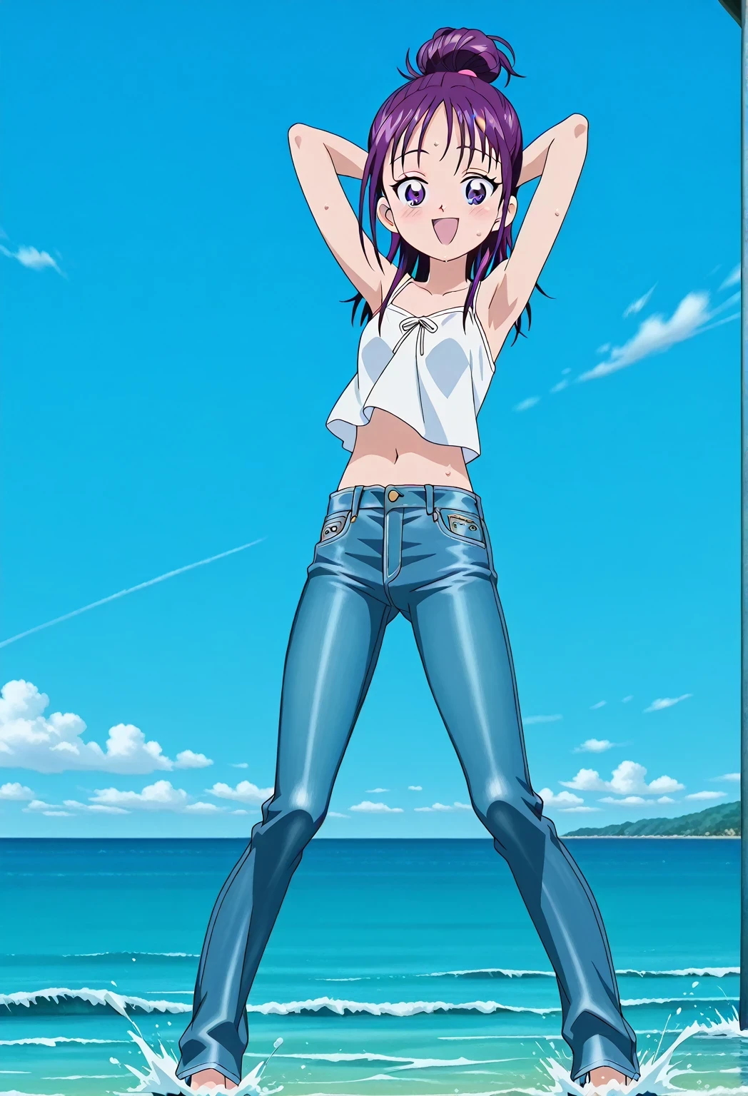 score_9, score_8_up, score_7_up, source_anime, highres, hi res, ((best quality, top quality, perfect quality, Highest Quality, amazing quality)), {{masterpiece}}, {{an extremely delicate and beautiful}}, 2d, intricate details, official style, anime, 8k, anime style, official_anime, official art, digital painting, cell shading, soft shading, high resolution, soothing tones, Subdued Color, Soft cinematic light, adobe lightroom, photolab, HDR, intricately and hyper-detailed, ((high quality animation)), 1 girl, Alone, solo, ((ocean)), tsunami, on the water, day, sunny, outdoors, sky, windy, Mai, purple_eyes, purple hair, long_hair, hair bun, anime screencap, small breasts, white camisole top, crop top, white crop top, best quality, hyper-detailed jeans, ((blue jeans:1.9)), (dark blue jeans:0.6), full medium body, medium shot, Open mouth, smiling, happy face, blush, sweat, standing, ((arms behind head:6.0)), bowlegged, jumping pose, action, looking at viewer, spread legs, Bend knees slightly, straight-on front view