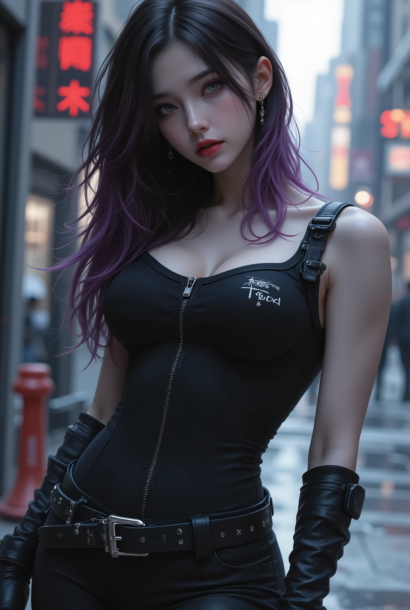 Photo Real、realistic skin texture、gun、extremely tight cyberpunk catsuit、beautiful long hair、Dim Cyberpunk City、Beautiful Thin Violet Eyes、Black hair with slightly purple tips、thinウエスト、Beautiful Standing、Equipped on a Belt、thin、style is good、Shoulder-width is not wide、The waist is wide、My chest is slipping down medium size