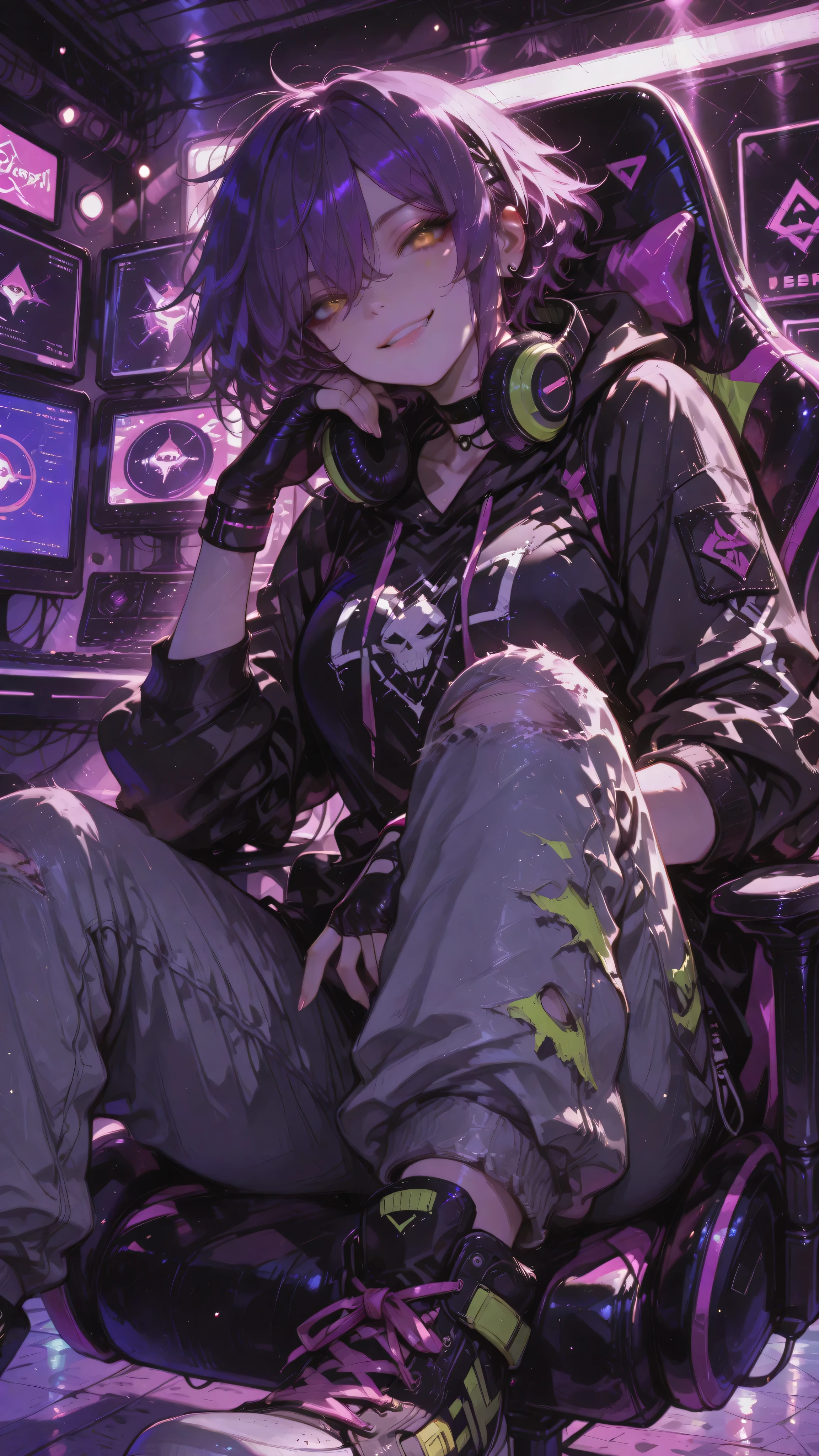 Anime girl character, pixie hair, messy hair, partially spiky hair, purple hair, yellow eyes, Mesugaki expression, mischievous half-closed look, mischievous little smile, toned body. Wearing a black hoodie with neon accents, ripped jeans, sneakers, fingerless gloves, headphones around neck, neck band, wrist band. Sitting in a gaming chair, in a neon gamer room. Anime illustration, close-up, dynamic angle, dramatic perspective, masterpiece, ultra-detailed, dynamic volumetric lighting, bokeh background, cinematic atmosphere, ultra-sharp focus, soft shadows, realistic shading, realistic anime skin texture, realistic anime fabric folds, dark ethereal style, haunting ethereal atmosphere.