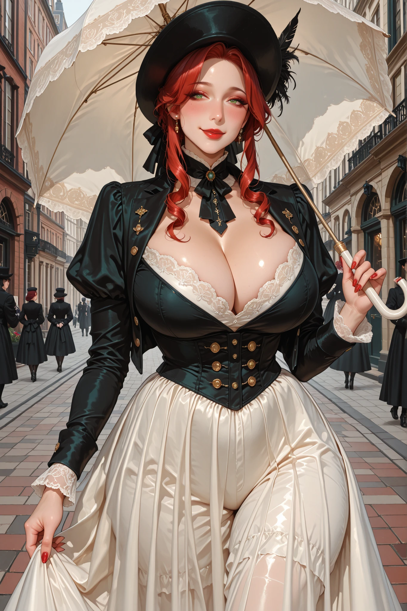 score_9, score_8_up, score_7_up, score_6_up, score_5_up, score_4_up, Label 1, Label2, quality_masterpiece, Anatomically correct, beautiful face, red hair, perfect face, Beautiful and highly detailed face and gold eyes, sexy milf Attractive face , Milf Detailed Face, MILf Delicate Facial Features, detailed ,Very detailed & Beautiful and dazzling eyes, huge breasts, wide hips, big butt, thick thighs, mature female, seductive, elegant, Glamour, long hair, beautiful and dazzling ; high hair, Lip details, neckline, Hot neckline, seductive, sexy posture, score_9, score_8_up, (masterpiece), ultra detailed, expressive eyes, perfect face, red nails, green eyes,
, ( colors CMYK ), (ultrahd, 8K), (intricate details), (Absurds), (Very detailed), red hair, big breasts, cleavage, Victorian dress,elegant, red lips, makeup, blush, ringlets, mild, mature woman, victorian era, jewelry, deep cleavage, standing, posing for a photo, Walking dress, light olive silk, victorian fashion, victorian era, fitted jacket bodice, high collar with lace trim, long sleeves, floor-length skirt with modest bustle, decorative buttons, matching hat with ribbon and feathers, parasol, gloves, polished boots, elegant yet practical, refined, aristocratic, daytime attire, london street background, victorian street, happy, holing a parasol, smiling,