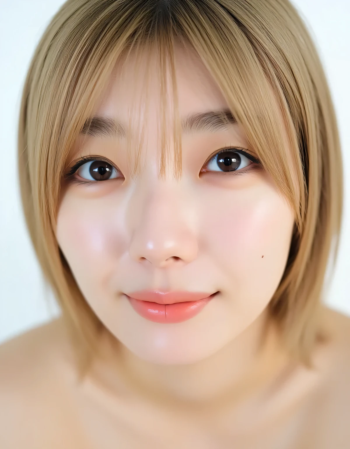 ((Looking at the viewer)), ((Focus on face)), ((Close-up)), Front, Japanese woman, Smiling, (Semi-long blonde hair, Hair, Straight hair), Naked, Cute young girl with slender shoulders, (Emotionless), Simple white background, Natural light
Highly detailed face, Ultra-detailed eyes, Ultra-perfect lips, Ultra-detailed hair, Realistic textured skin, Perfect Anatomy, (Highest quality, 4K, 8k, Best, Masterpiece: 1.2), Ultra-detailed, (Realistic, Photo-realistic, Photo-realistic: 1.37), Hyper-realistic