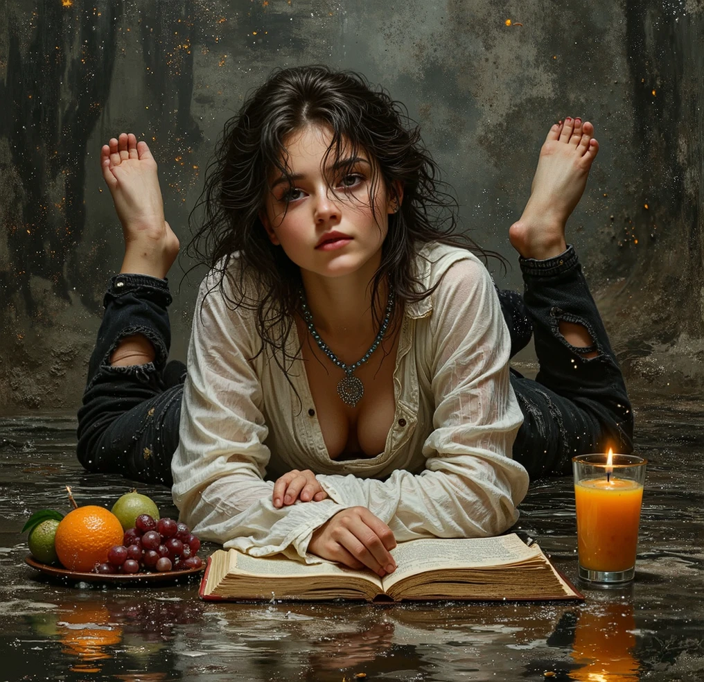 created a painting with oil painting with huge details , In the style of the artist Leonardo Davinci , The art of the era of European Renaissance ,  A fully detailed painting of a beautiful girl  (  20 years old ) She is lying on a black floor and a dark ocean and carrying the book of history between her arms. She has long curly black hair on her shoulders, wearing tight and torn black jeans with her legs apart, and a transparent white shirt that is wet with water with buttons, a blue pearl necklace and silver jewelry on the chest. She puts a glass of orange juice, a plate of fruits and grapes and a burning candle on a table with a dark background. The picture seems cinematic. The angle of view is not taken in front of the girl  ( The full picture of the girl inside the frame and the view from the front ) 
