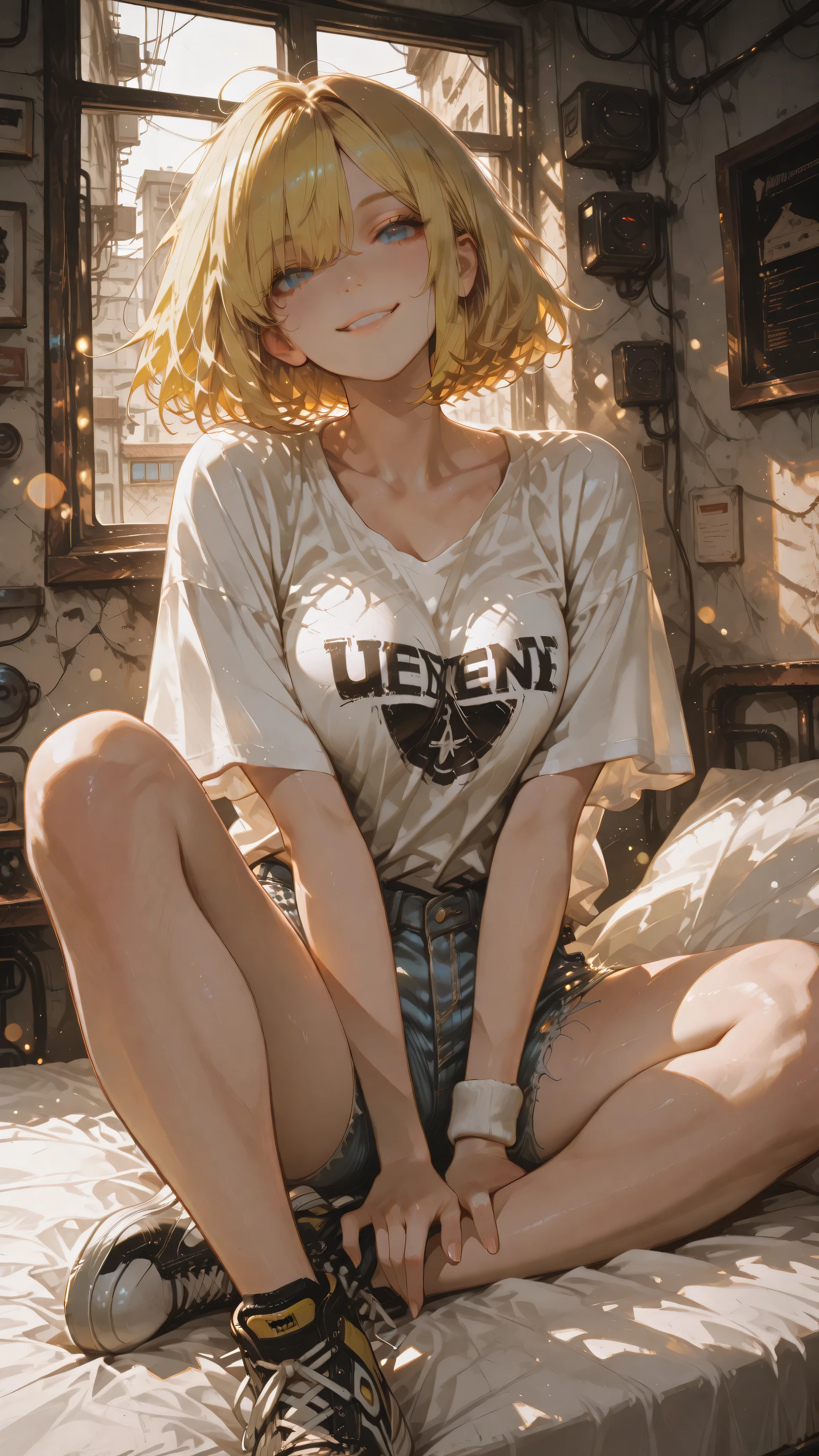 Anime girl character, bob hair, parted hair, messy hair, yellow hair, blue eyes, Genki expression, vibrant look, energetic little smile, toned body. Wearing a off-white large t-shirt, ripped denim shorts, wrist sweatband, sneakers. On the bed, legs crossed in criss-cross applesauce, hands between the legs highlighting the , western room, window, alley, day. Anime illustration, dynamic angle, dramatic perspective, masterpiece, ultra-detailed, dynamic volumetric lighting, bokeh background, cinematic atmosphere, ultra-sharp focus, soft shadows, realistic shading, realistic anime skin texture, realistic anime fabric folds, dark ethereal style, haunting ethereal atmosphere.