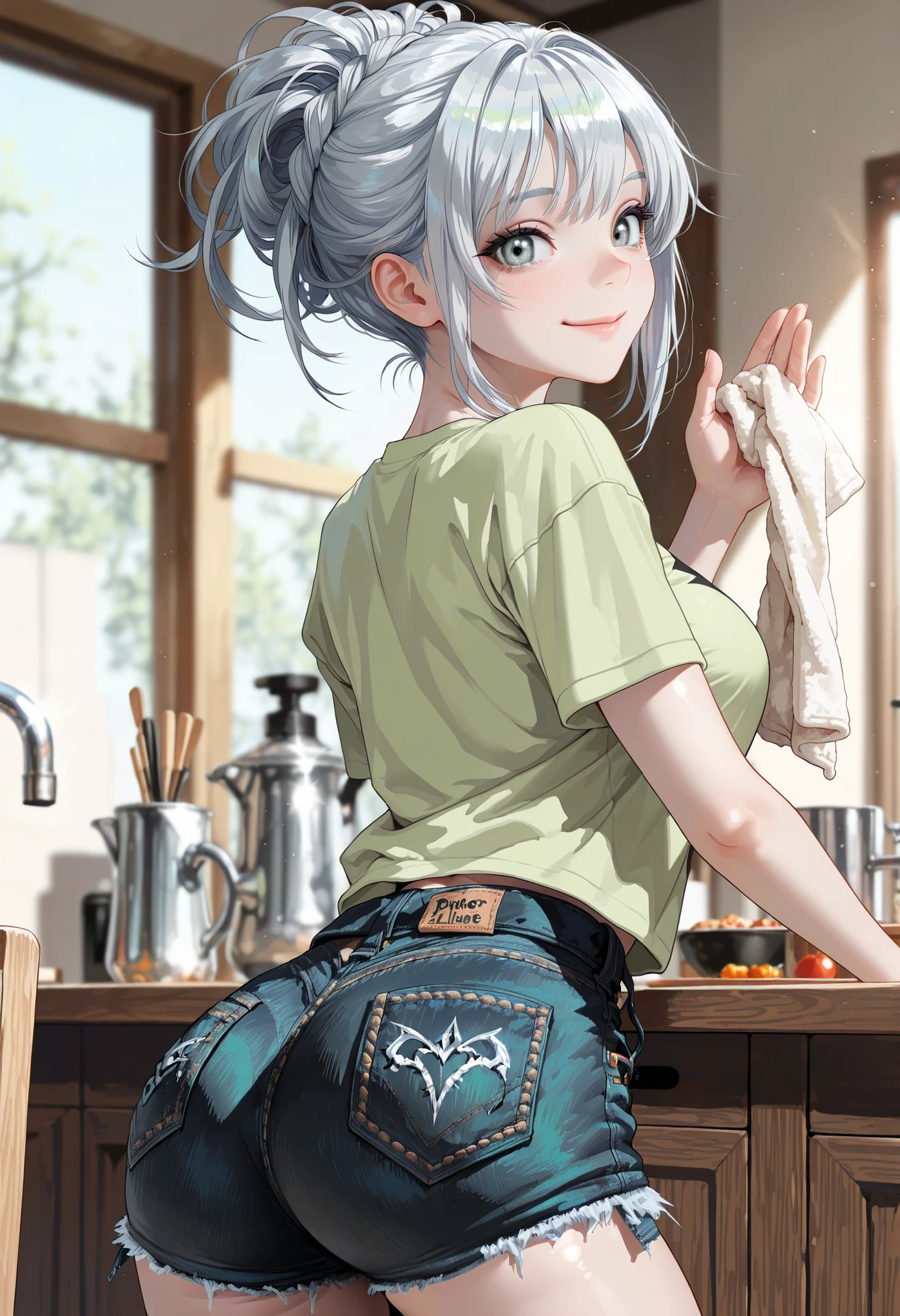 (from back:1.4), masterpiece, best quality, amazing quality, very aesthetic, high resolution, ultra-detailed, absurdres, newest, scenery, BREAK, depth of field, volumetric lighting, (masterpiece, best quality, absurdres, detailed,perfect quality, amazing quality, very aesthetic, absurdres, newest, ultra-detailed:1.2), extremely detailed, modern, very awa, crisp, sharp, beautiful eyes, fine textures, clean skin, 1girl, 18yo, cowboy shot, BREAK a japanese cute sexy girl with silvery white hair in an intricate asymmetrical updo. The back of her hair is short and bunched high with the ends fanning out. The left side of her hair frames her face with long, loose strands, while the right side of her hair is loosely swept back over her ears and bunched together with the back hair, creating a slightly unbalanced but elegant look. A high, luxurious hair accessory on top adds a unique and fashionable touch to the hairstyle. Her hair catches the light and gives off a shiny, metallic shine. BREAK ((glossy silver eyes:1.5)), (cute eyes, tareme, twinkle eyes), (large breasts), cute face, beautiful face, pretty face, beautiful, good anatomy, long eyelashes, expressive eyes, Perfect Hands, happy, smile, glossy lips, (close mouth:1.2), perfecteyes, BREAK 1girl, (wearing black denim hotpants and pale green T-shirts:1.5), cute smile, happy, BREAK 1girl, morning, daylight, sunshine, on the dining room, (She is wiping down the floor with a rag in her hand), (sweat:0.8), very happy, BREAK soft lighting, (masterpiece, best quality), (cute, 8K, perfect lighting, perfect anatomy), absurdres, (best quality), (ultra-detailed:1.2), high res, very aesthetic, ultra-detailed, cinematic, masterpiece, best quality, sharp outline, detailed eyes,