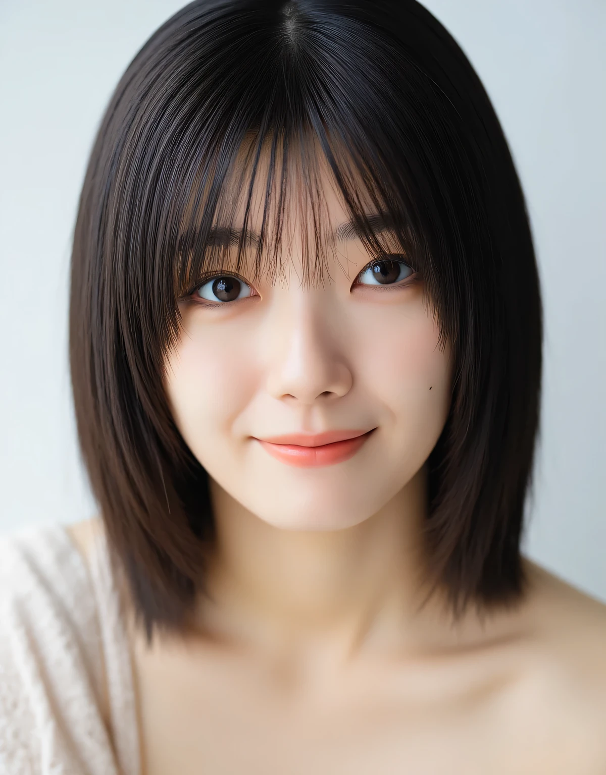 ((Looking at the viewer)), ((Focus on face)), ((Close-up)), Front, Japanese woman, Smile, Medium hair, Hair, Straight hair, Naked, Cute young girl with slender shoulders, (Light smile), Simple white background, Natural light
Highly detailed face, Ultra-detailed eyes, Ultra-perfect lips, Ultra-detailed hair, Realistic textured skin, Perfect Anatomy, (Highest quality, 4K, 8k, Best, Masterpiece: 1.2), Ultra-detailed, (Realistic, Photo-realistic, Photo-realistic: 1.37), Hyper-realistic