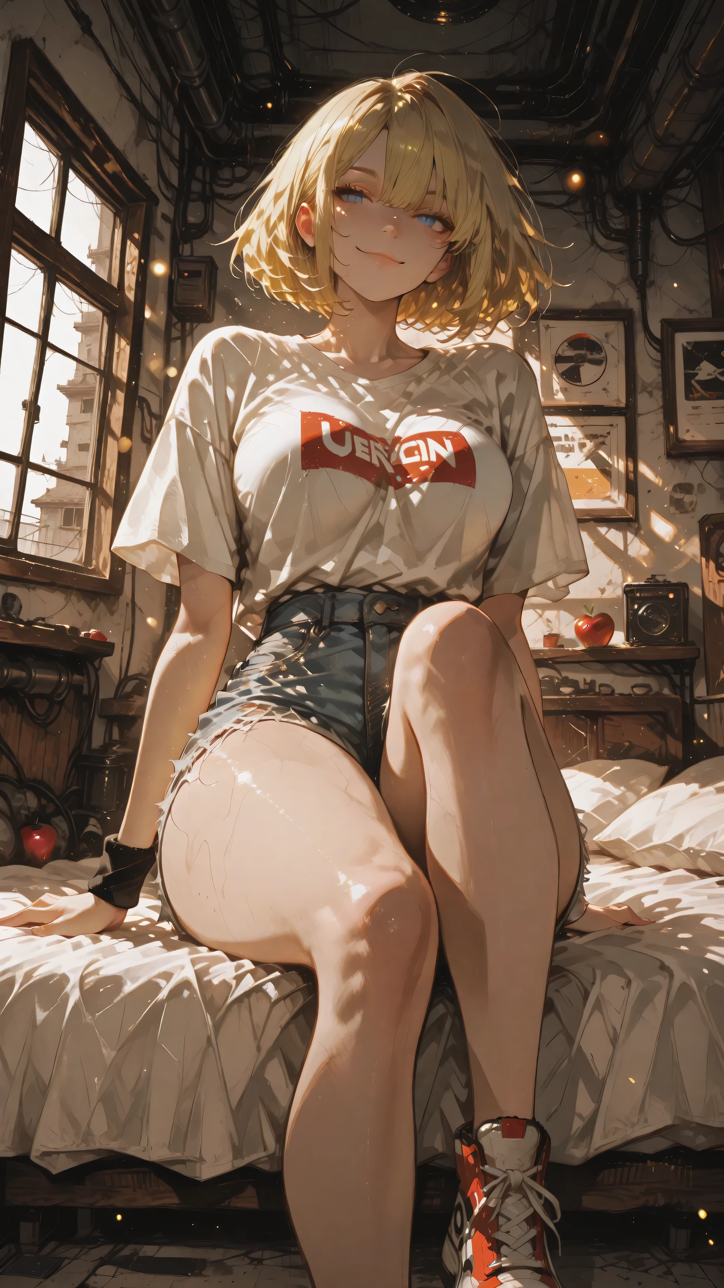 Anime girl character, bob hair, parted hair, messy hair, yellow hair, blue eyes, Genki expression, vibrant look, energetic little smile, toned body. Wearing a off-white large t-shirt, ripped denim shorts, wrist sweatband, sneakers. Sitting on the bed, leaning against the headboard, legs crossed in criss-cross applesauce, hands between the legs highlighting the , western room, window, alley, day. Anime illustration, dynamic angle, dramatic perspective, masterpiece, ultra-detailed, dynamic volumetric lighting, bokeh background, cinematic atmosphere, ultra-sharp focus, soft shadows, realistic shading, realistic anime skin texture, realistic anime fabric folds, dark ethereal style, haunting ethereal atmosphere.
