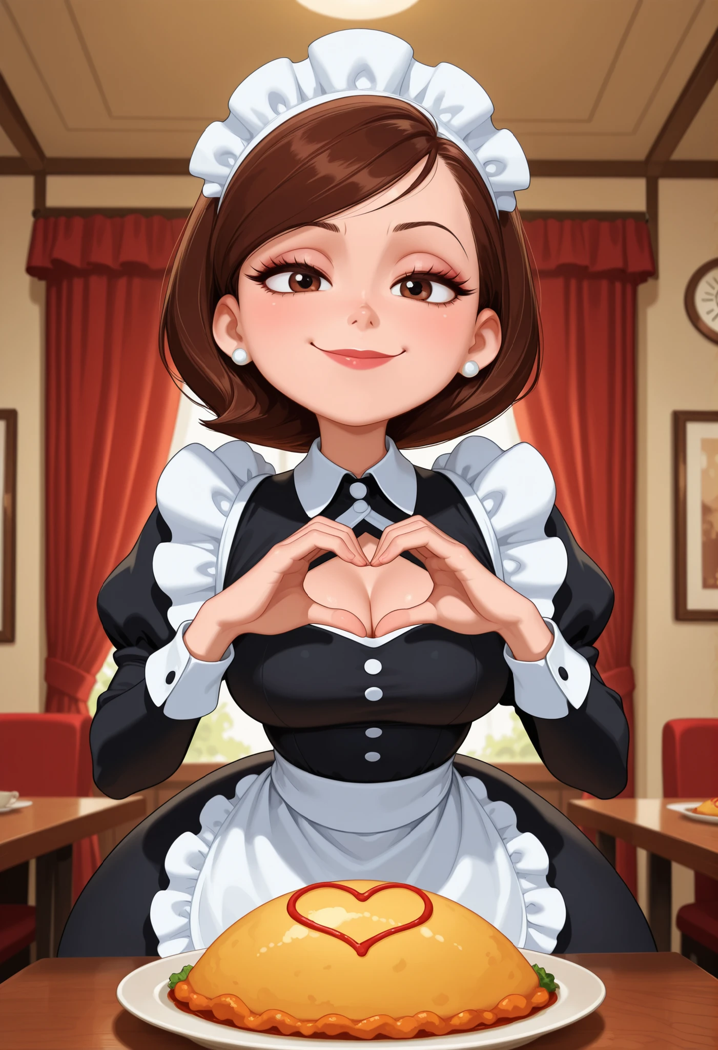 Helen Parr , mature female, medium hair, Bob_cut, brown hair, brown eyes, big eyes, long eyelashes, medium breasts, narrow waist, thick thighs, huge hips, fair skin, thin hands, earrings, makeup, pink lips, lipstick.|  Catgirl, maid, indoors, table, food, curtains,heart hands,omurice, cute , smile, restaurant, maid Cafe, cleavage, smug, kawaii style