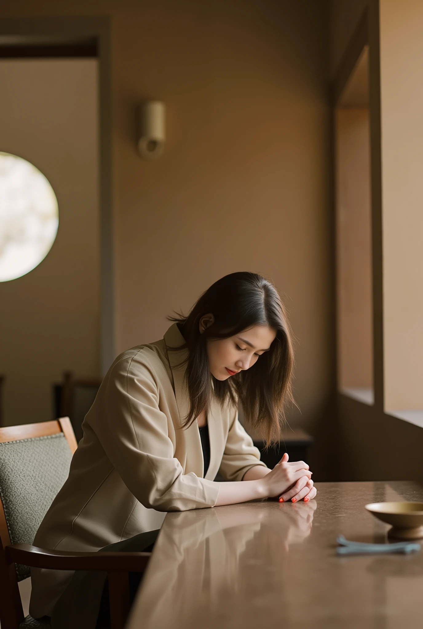 a woman takes a posture at a table in a room.