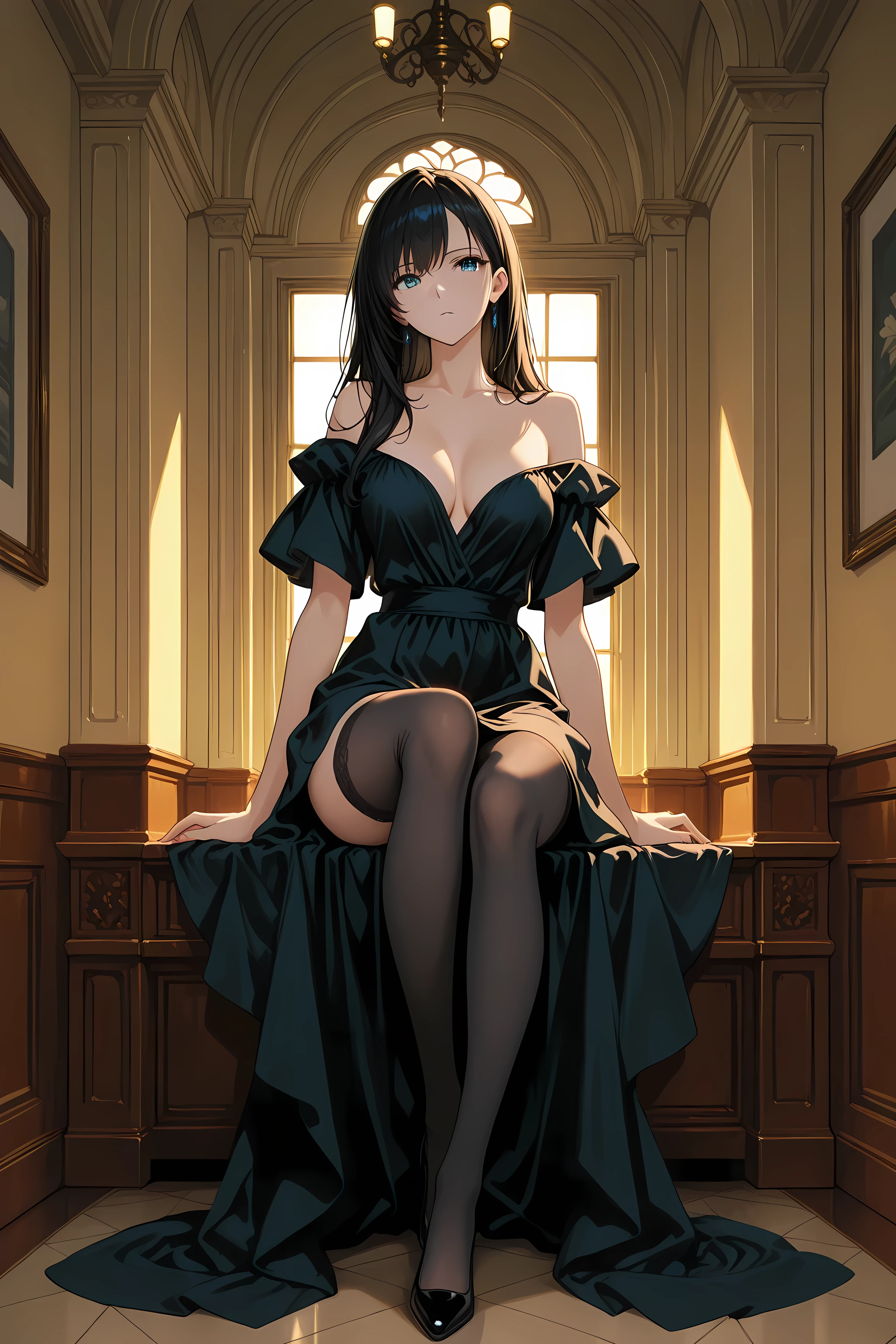 masterpiece, Highest Quality, 1girl, beautiful girl, Anime Style, slender, long legs, sitting pose, Off Shoulder Dress, transparent black stockings, delicate hands, soft lighting, detailed background, Elegant Rooms, high resolution
