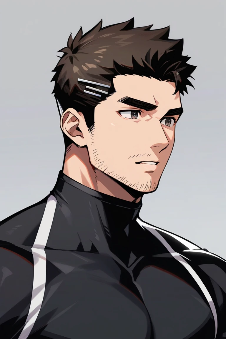 anime characters：Chris Redfield, Muscle Sports Student, Buzz Cut, Manliness, male focus, Dark black and Yellow high collar long sleeve tight T-shirt, Slightly  material, Very tight, Round, full and perky chest muscles, muscular male, muscular, only, Upper body, alone, Black short hair, Thick eyebrows, stubble, Brown-red pupils, Grey background, simple background, amazing quality, best aesthetics, Ridiculous, crew cut, parted lips, v-shaped eyebrows, jitome, best quality