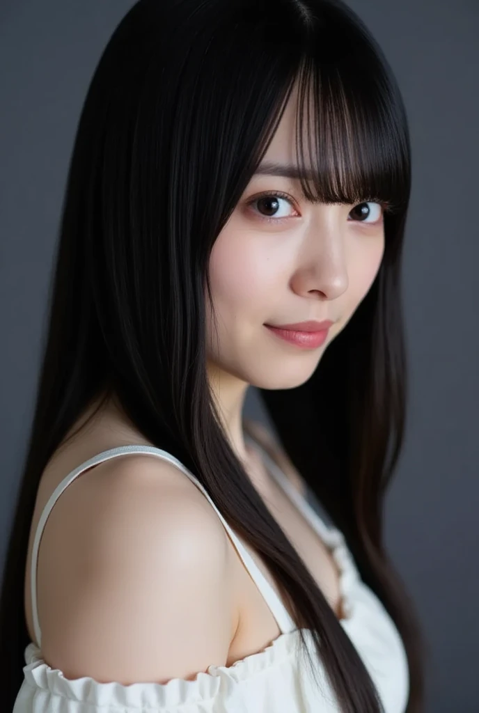 The image is a portrait of a young Asian woman named sumire sitting on a white bench. She is wearing a white sleeveless top with a sheer grey cardigan draped over her shoulders. Her hair is styled long brown straight-hair with bangs and she is looking directly at the camera with a serious expression. The background is blurred, but it appears to be an indoor space with a concrete floor and white walls. The overall mood of the image is calm and serene.