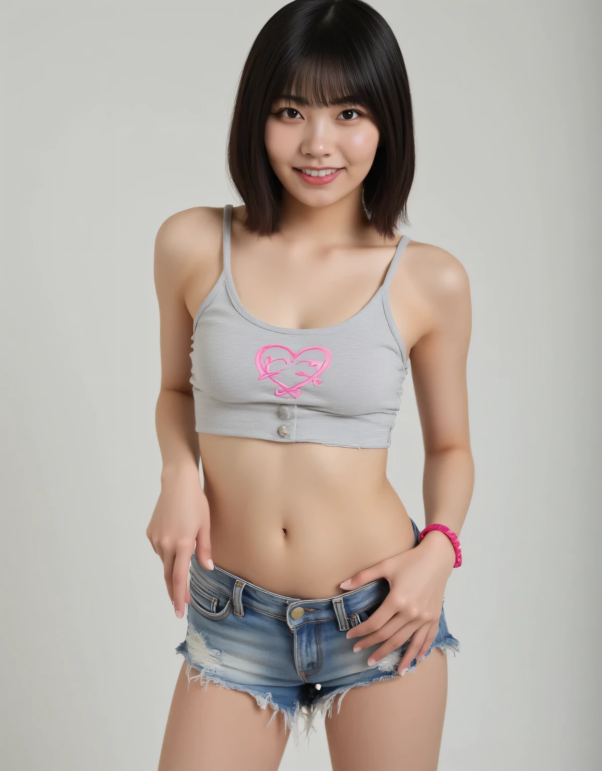 8K, Unbuttoned Denim Shorts, Masterpiece, Ultra High Resolution, (Actual: 1.4), (Shy Smile), Stunning Curves, (Sexy Model Pose: 1.9), (Hands on Thighs: 1.6), (Sharp Waist), (Bangs, Bob Hairstyle), (Light Gray Cropped Camisole: 1.5), (Light Gray Cropped Camisole with Pink Love (Symbol) Print: 1.5), (Stomach, Belly Button: 1.2), (Low-Rise Micro-Distressed Denim Shorts: 1.7), (Pink Wristband: 1.3), (Sneakers: 1.2), (Looking Straight Forward: 1.9)