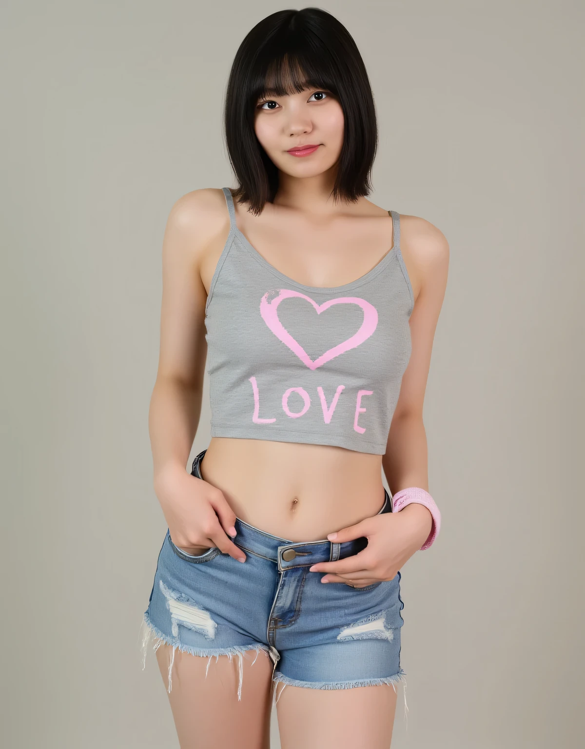 8K, Unbuttoned Denim Shorts, Masterpiece, Ultra High Resolution, (Actual: 1.4), (Shy Smile), Stunning Curves, (Sexy Model Pose: 1.9), (Hands on Thighs: 1.6), (Sharp Waist), (Bangs, Bob Hairstyle), (Light Gray Cropped Camisole: 1.5), (Light Gray Cropped Camisole with Pink Love (Symbol) Print: 1.5), (Stomach, Belly Button: 1.2), (Low-Rise Micro-Distressed Denim Shorts: 1.7), (Pink Wristband: 1.3), (Sneakers: 1.2), (Looking Straight Forward: 1.9)