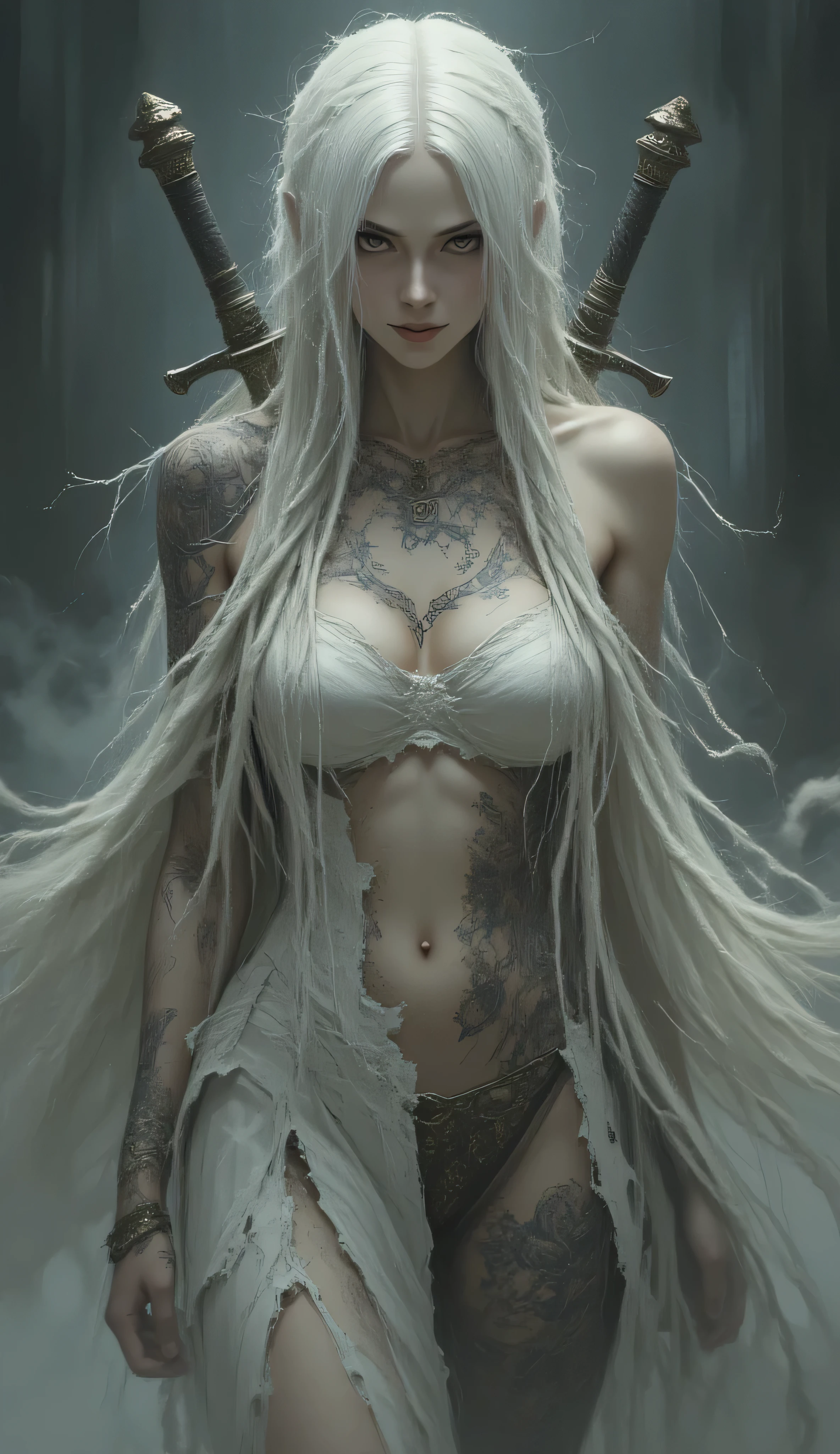 A highly detailed artwork in the fantasy genre Luis Royo style using digital painting techniques. It features a full-body view of a woman with long, flowing white braids that cover her bust. Her slender physique is covered entirely only with tattoos that highlight her light skin. She only wears a very short torn shirt. Her expression is intense, with a slight smile, and she holds two long, sharp swords behind her back, their hilts decorated with intricate carvings. The background is a gradient of dark to light gray, with subtle hints of mist or smoke, giving a mystical, ethereal feel. The textures are finely detailed, from the smoothness of her skin to the roughness of the swords and the softness of her hair. The overall color palette is muted with shades of gray, black, and white, enhancing the mysterious and otherworldly atmosphere. The artwork combines elements of fantasy and gothic styles, with a focus on intricate details and a sense of depth and movement. SFW