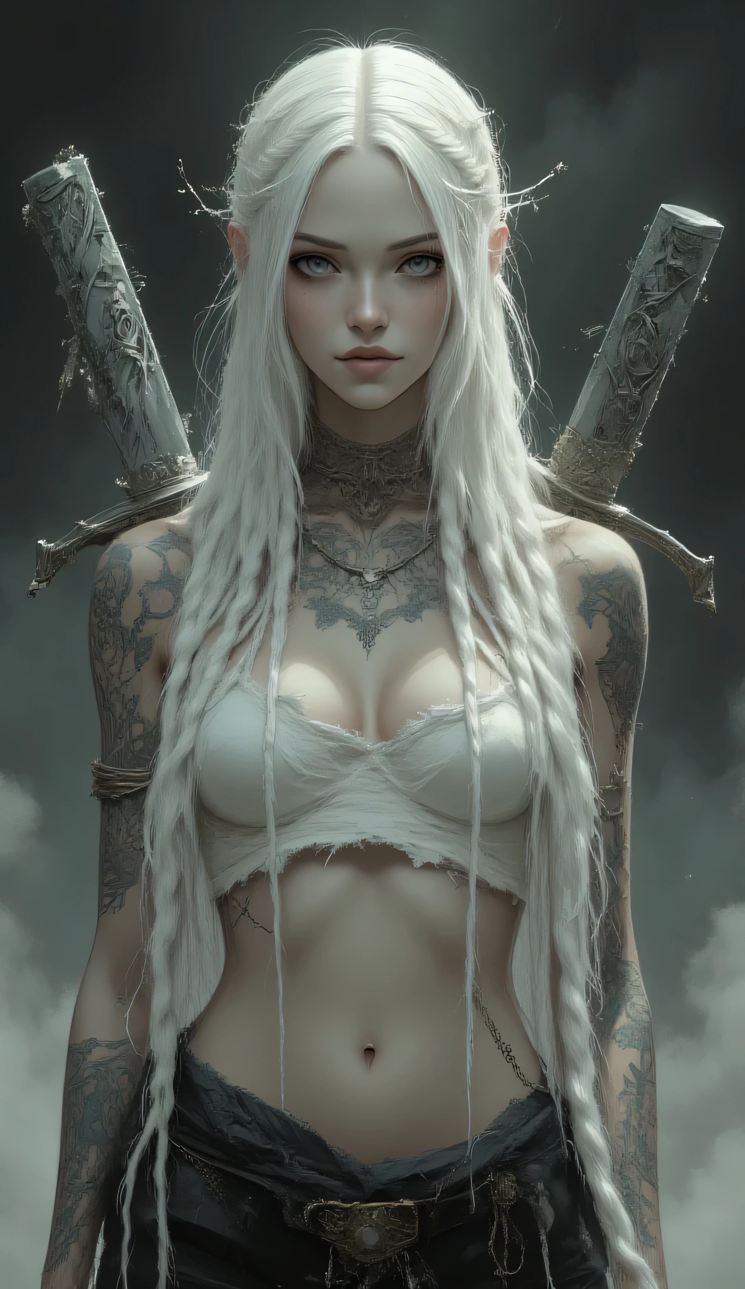 A highly detailed artwork in the fantasy genre Luis Royo style using digital painting techniques. It features a full-body view of a woman with long, flowing white braids that cover her bust. Her slender physique is covered entirely only with tattoos that highlight her light skin. She only wears a very short torn shirt. Her expression is intense, with a slight smile, and she holds two long, sharp swords behind her back, their hilts decorated with intricate carvings. The background is a gradient of dark to light gray, with subtle hints of mist or smoke, giving a mystical, ethereal feel. The textures are finely detailed, from the smoothness of her skin to the roughness of the swords and the softness of her hair. The overall color palette is muted with shades of gray, black, and white, enhancing the mysterious and otherworldly atmosphere. The artwork combines elements of fantasy and gothic styles, with a focus on intricate details and a sense of depth and movement. SFW