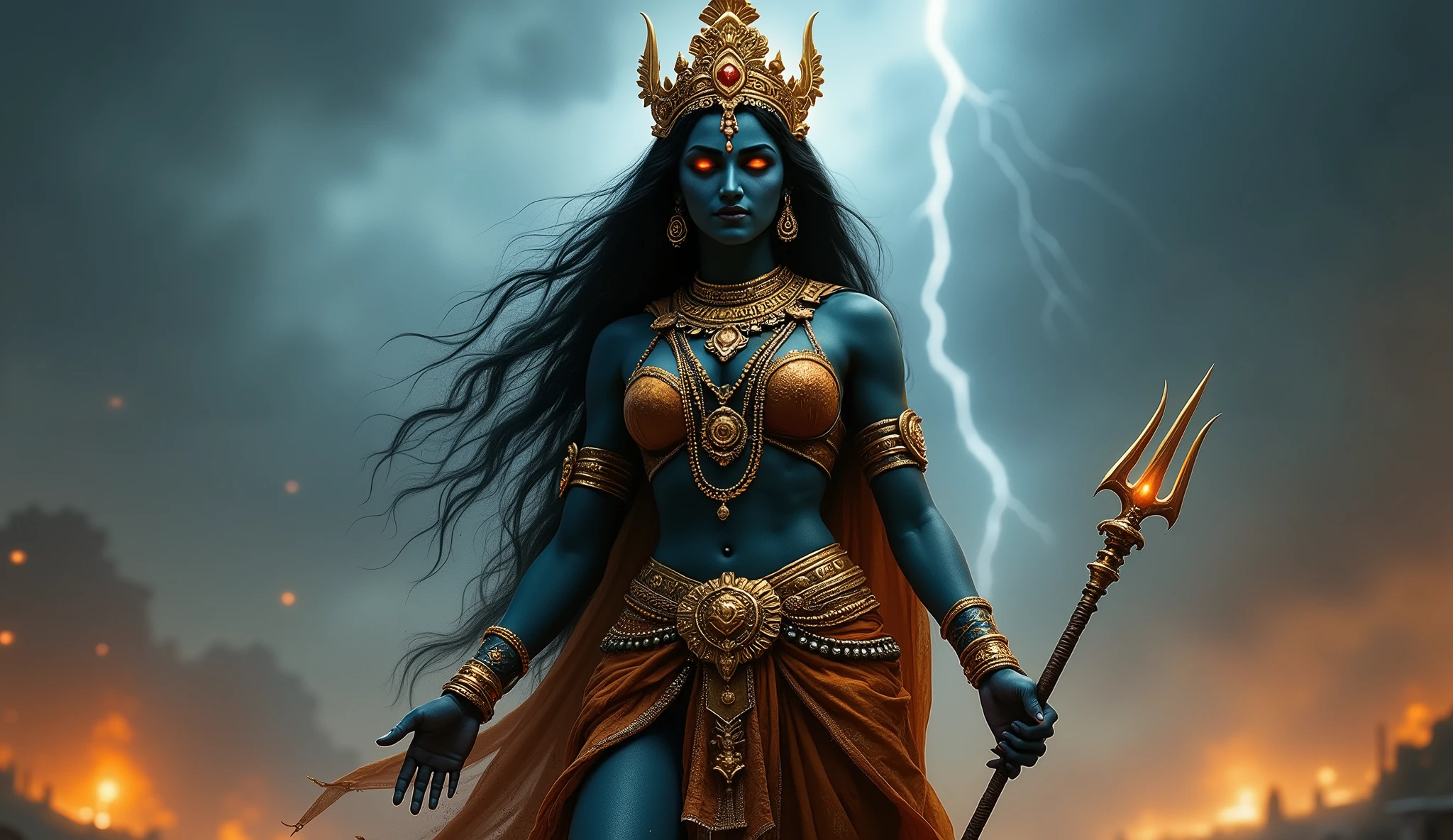 Prompt: Kali Maa (Indian goddess, divine woman, age ~25, calm and powerful expression, dark black-blue glowing skin, long untamed black hair flowing down to her waist, glowing fiery orange eyes, mouth closed in serene but intense calm, wearing golden crown with intricate carvings, heavy golden jewelry, divine chest armor, layered waist ornaments, and flowing traditional cloth around her legs), full body standing pose, holding trident in one hand and blessing mudra in the other, stormy night battlefield background with dark clouds and lightning streaks, glowing embers in the air, cinematic ultra-realistic 7000 BC mythological tone, dramatic divine lighting, highly detailed textures, 16:9 aspect ratio, camera angle: full-body low-angle wide shot