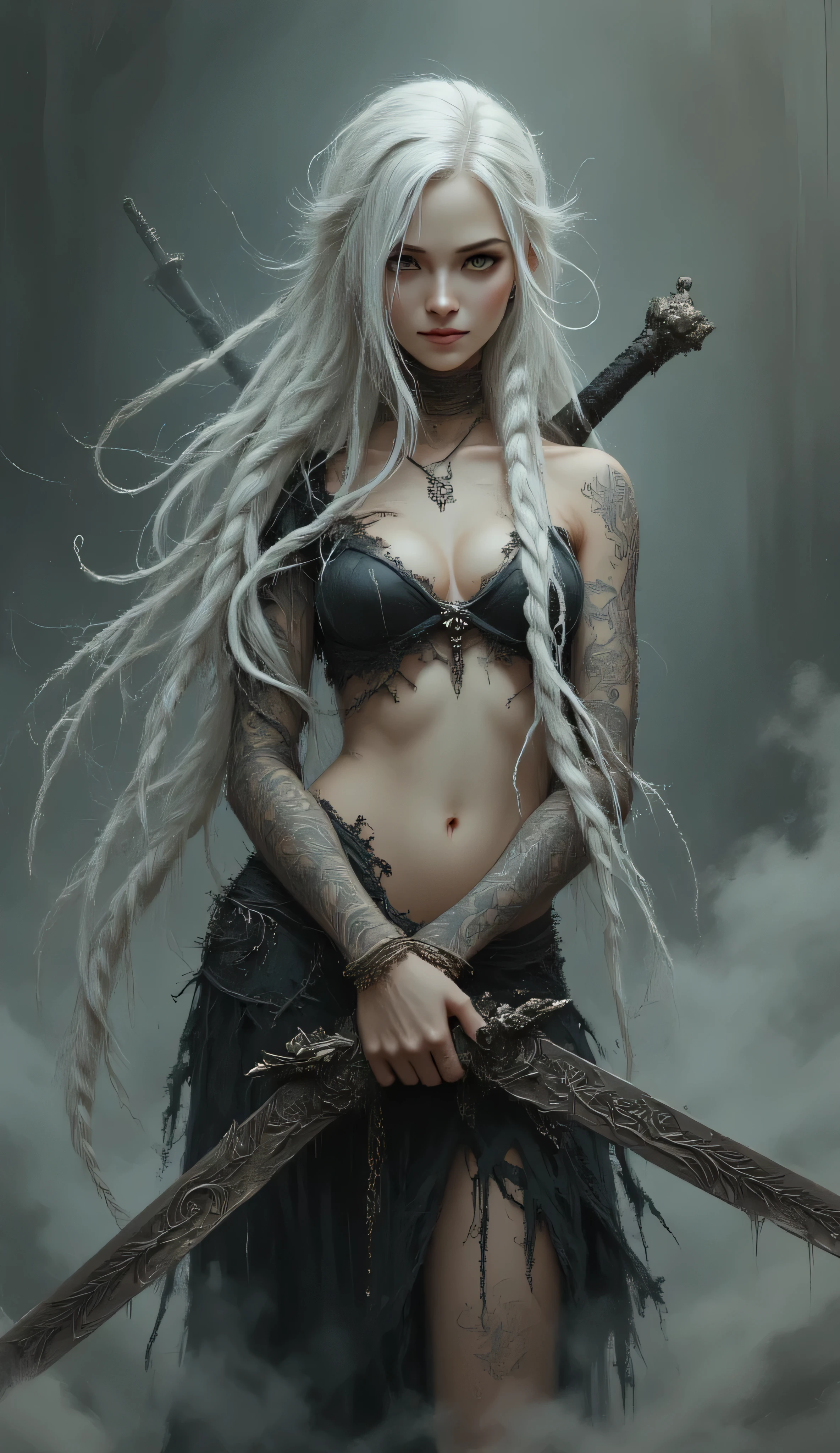 A highly detailed artwork in the fantasy genre Luis Royo style using digital painting techniques. It features a full-body view of a woman with long, flowing white braids that cover her bust. Her slender physique is covered entirely only with tattoos that highlight her light skin. She only wears a very short torn shirt. Her expression is intense, with a slight smile, and she holds two long, sharp swords behind her back, their hilts decorated with intricate carvings. The background is a gradient of dark to light gray, with subtle hints of mist or smoke, giving a mystical, ethereal feel. The textures are finely detailed, from the smoothness of her skin to the roughness of the swords and the softness of her hair. The overall color palette is muted with shades of gray, black, and white, enhancing the mysterious and otherworldly atmosphere. The artwork combines elements of fantasy and gothic styles, with a focus on intricate details and a sense of depth and movement. SFW